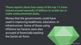 These reports show how many of the top 1% have
moved around upwards of billions to evade tax or
make undocumented deals.
M...
