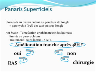 Panaris Superficiels
•Localisés au niveau cutané au pourtour de l’ongle
= paronychie (65% des cas) ou sous l’ongle
•1er Stade : Tuméfaction érythémateuse douloureuse
limitée au paronychium
Traitement : soins locaux +/-ATB
Amélioration franche après 48H ?
oui non
chirurgieRAS
 