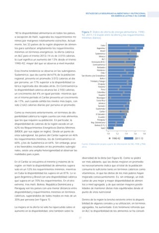 ESTADO DE LA SEGURIDAD ALIMENTARIA Y NUTRICIONAL
EN AMÉRICA LATINA Y EL CARIBE
27
Figura 7: Índice de oferta de energía alimentaria, 1990-
92, 2011-13 (razón entre la oferta y los requerimientos
mínimos diarios).
Fuente: Elaboración propia a partir de información de FAO, FIDA y PMA
2014.
‘90 la disponibilidad alimentaria en todos los países,
a excepción de Haití, superaba los requerimientos mí-
nimos por márgenes relativamente estrechos. Actual-
mente, los 33 países de la región disponen de alimen-
tos para satisfacer ampliamente los requerimientos
mínimos en términos energéticos: la oferta calórica
en ALC para el trienio 2012–14 es de 3.010 calorías,
lo cual significa un aumento del 13% desde el trienio
1990–92, mayor del que se observa a nivel mundial.
Esta misma tendencia se observa en las subregiones.
Sudamérica, que da cuenta del 67% de la población
regional, presenta en promedio 3.072 calorías al día
por persona, un 17% superior a la disponibilidad ca-
lórica registrada dos décadas atrás. En Centroamérica
la disponibilidad calórica alcanza las 2.930 calorías,
un crecimiento del 4% en igual período; mientras que
en el mismo período el Caribe presenta un crecimiento
de 17%, aun cuando exhibe los niveles más bajos, con
solo 2.642 calorías diarias por persona en promedio.
Como se mencionó anteriormente, en términos de dis-
ponibilidad calórica la región cuenta con más alimentos
que los que requiere su población. En particular, la
disponibilidad de calorías de la región excede en un
62% los Requerimientos Energéticos Diarios Mínimos
(MDER, por sus siglas en inglés). Desde un punto de
vista subregional, los países del Caribe superan en 46%
los requerimientos mínimos, los de Centroamérica en
60%, y los de Sudamérica en 64%. Sin embargo, pese
a los favorables resultados en los promedios subregio-
nales, existe una amplia heterogeneidad al observar las
realidades país a país.
En el Caribe se encuentra el mínimo y máximo de la
región: en Haití la disponibilidad de alimentos supera
solo en un 12% los requerimientos mínimos, mientras
en Cuba la disponibilidad los supera en un 81%. Le si-
guen Argentina y Brasil con una disponibilidad calórica
que supera en un 70% los requerimientos. En el otro
extremo, tras Haití, Bolivia, República Dominicana y
Paraguay son los países con una menor distancia entre
disponibilidad y requerimientos mínimos en términos
calóricos, superándolos de todos modos en más de un
30% por persona (ver Figura 7).
La mejora en la oferta no sólo ha repercutido sobre el
aumento en la disponibilidad, sino también sobre la
diversidad de la dieta (ver Figura 8). Como se podrá
ver más adelante, que las dietas mejoren en promedio
no necesariamente indica que el total de la población
consuma lo suficiente tanto en términos calóricos como
vitamínicos, ni que las dietas de los más pobres hayan
mejorado consecuentemente. Es, sin embargo, un indi-
cativo de una mejor y mayor disponibilidad de alimen-
tos a nivel agregado, y de que existan mayores posibi-
lidades de mantener dietas más equilibradas desde el
punto de vista nutricional.
Dentro de la región la brecha existente entre la disponi-
bilidad de algunos cereales y su utilización, en términos
agregados, ha aumentado. Este fenómeno refrenda que
en ALC la disponibilidad de los alimentos se ha consoli-
Cuba
Brasil
Sudamérica
México
ALC
Venezuela (R.B.)
Centroamérica
Barbados
Honduras
Chile
San Vicente y las Granadinas
Belice
Trinidad y Tobago
Uruguay
Panamá
Perú
Colombia
Guyana
Nicaragua
Costa Rica
Jamaica
Surinam
Guatemala
Caribe
El Salvador
Ecuador
Paraguay
Rep. Dominicana
Bolivia (E.P.)
1,0 1,2 1,4 1,6 1,8
1990-92 2011-13
 