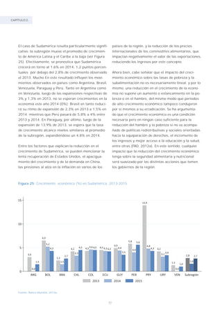 CAPÍTULO 2.
50
El caso de Sudamérica resulta particularmente signifi-
cativo: la subregión mueve el promedio de crecimien-
to de América Latina y el Caribe a la baja (ver Figura
25). Efectivamente, se pronostica que Sudamérica
crecerá en torno al 1,6% en 2014, 1,2 puntos porcen-
tuales por debajo del 2,8% de crecimiento observado
el 2013. Mucho En este resultado influyen los movi-
mientos observados en países como Argentina, Brasil,
Venezuela, Paraguay y Perú. Tanto en Argentina como
en Venezuela, luego de las expansiones respectivas de
3% y 1,3% en 2013, no se esperan crecimientos en la
economía este año 2014 (0%); Brasil en tanto reduci-
rá su ritmo de expansión de 2,3% en 2013 a 1,5% en
2014; mientras que Perú pasará de 5,8% a 4% entre
2013 y 2014. En Paraguay, por último, luego de la
expansión de 13,9% de 2013, se espera que la tasa
de crecimiento alcance niveles similares al promedio
de la subregión, expandiéndose un 4,8% en 2014.
Entre los factores que explican la reducción en el
crecimiento de Sudamérica, se pueden mencionar la
lenta recuperación de Estados Unidos, el apacigua-
miento del crecimiento y de la demanda en China,
las presiones al alza en la inflación en varios de los
Fuente: Banco Mundial, 2014a.
Figura 25: Crecimiento económico (%) en Sudamérica, 2013-2015.
países de la región, y la reducción de los precios
internacionales de los commodities alimentarios, que
impactan negativamente el valor de las exportaciones,
reduciendo los ingresos por este concepto.
Ahora bien, cabe señalar que el impacto del creci-
miento económico sobre las tasas de pobreza y la
subalimentación no es necesariamente lineal, y por lo
mismo, una reducción en el crecimiento de la econo-
mía no supone un aumento o estancamiento en la po-
breza o en el hambre, del mismo modo que períodos
de alto crecimiento económico tampoco condujeron
por sí mismos a su erradicación. Se ha argumenta-
do que el crecimiento económico es una condición
necesaria pero en ningún caso suficiente para la
reducción del hambre y la pobreza si no va acompa-
ñado de políticas redistributivas y sociales orientadas
hacia la equiparación de derechos, el incremento de
los ingresos y mejor acceso a la educación y la salud,
entre otras (FAO, 2012a). En este sentido, cualquier
impacto que la reducción del crecimiento económico
tenga sobre la seguridad alimentaria y nutricional
será suavizado por las distintas acciones que tomen
los gobiernos de la región.
 