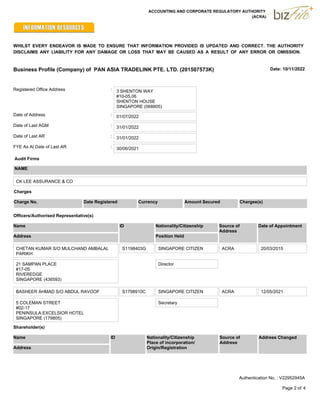 Date: 10/11/2022
ACCOUNTING AND CORPORATE REGULATORY AUTHORITY
WHILST EVERY ENDEAVOR IS MADE TO ENSURE THAT INFORMATION PROVIDED IS UPDATED AND CORRECT. THE AUTHORITY
DISCLAIMS ANY LIABILITY FOR ANY DAMAGE OR LOSS THAT MAY BE CAUSED AS A RESULT OF ANY ERROR OR OMISSION.
Business Profile (Company) of PAN ASIA TRADELINK PTE. LTD. (201507573K)
(ACRA)
Registered Office Address 3 SHENTON WAY
#10-05,06
SHENTON HOUSE
SINGAPORE (068805)
:
Date of Address 01/07/2022
:
Date of Last AGM : 31/01/2022
Date of Last AR : 31/01/2022
FYE As At Date of Last AR : 30/06/2021
Audit Firms
NAME
CK LEE ASSURANCE & CO
Amount Secured Chargee(s)
Charges
Currency
Charge No. Date Registered
Source of
Address
ID
Officers/Authorised Representative(s)
Position Held
Nationality/Citizenship
Name
Address
Date of Appointment
CHETAN KUMAR S/O MULCHAND AMBALAL
PARIKH
S1198403G SINGAPORE CITIZEN 20/03/2015
ACRA
Director
21 SAMPAN PLACE
#17-05
RIVEREDGE
SINGAPORE (436593)
BASHEER AHMAD S/O ABDUL RAVOOF S1798910C SINGAPORE CITIZEN 12/05/2021
ACRA
Secretary
5 COLEMAN STREET
#02-17
PENINSULA.EXCELSIOR HOTEL
SINGAPORE (179805)
Shareholder(s)
Name
Address
ID Nationality/Citizenship
Place of incorporation/
Origin/Registration
Source of
Address
Address Changed
Page 2 of 4
Authentication No. : V22952945A
 