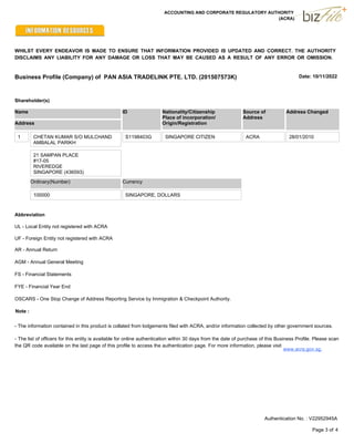 Date: 10/11/2022
ACCOUNTING AND CORPORATE REGULATORY AUTHORITY
WHILST EVERY ENDEAVOR IS MADE TO ENSURE THAT INFORMATION PROVIDED IS UPDATED AND CORRECT. THE AUTHORITY
DISCLAIMS ANY LIABILITY FOR ANY DAMAGE OR LOSS THAT MAY BE CAUSED AS A RESULT OF ANY ERROR OR OMISSION.
Business Profile (Company) of PAN ASIA TRADELINK PTE. LTD. (201507573K)
(ACRA)
Shareholder(s)
Name
Address
ID Nationality/Citizenship
Place of incorporation/
Origin/Registration
Source of
Address
Address Changed
CHETAN KUMAR S/O MULCHAND
AMBALAL PARIKH
S1198403G SINGAPORE CITIZEN 28/01/2010
ACRA
1
21 SAMPAN PLACE
#17-05
RIVEREDGE
SINGAPORE (436593)
Ordinary(Number) Currency
100000 SINGAPORE, DOLLARS
Abbreviation
UL - Local Entity not registered with ACRA
UF - Foreign Entity not registered with ACRA
AR - Annual Return
AGM - Annual General Meeting
FS - Financial Statements
OSCARS - One Stop Change of Address Reporting Service by Immigration & Checkpoint Authority.
FYE - Financial Year End
Note :
- The information contained in this product is collated from lodgements filed with ACRA, and/or information collected by other government sources.
- The list of officers for this entity is available for online authentication within 30 days from the date of purchase of this Business Profile. Please scan
the QR code available on the last page of this profile to access the authentication page. For more information, please visit
www.acra.gov.sg.
Page 3 of 4
Authentication No. : V22952945A
 