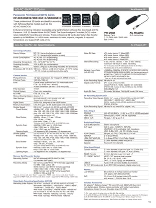 10
General Specification
Supply Voltage:	 DC 7.2 V (when the battery is used)
	 DC 7.3 V (when the AC adaptor is used)
Power Consumption:	 AG-AC160: 11.8 W (recording)
	 AG-AC130: 11.6 W (recording)
Operating Temperature:	 0°C - 40°C (32°F to 104°F)
Operating Humidity:	 10% to 80% (no condensation)
Weight:	 Approx. 2.4 kg (5.3 lb), excluding the battery and accessories
Dimensions (W X H X D):	 180 mm x 195 mm x 438 mm (7 inches x 7-11/16 inches
	 x 17-1/4 inches), excluding protruding parts
Camera Section
Pickup Devices:	 1/3-type progressive, 2.2-megapixel, 3MOS sensors
Effective Pixels:	 1920 (H)×1080 (V)
Lens:	 Optical image stabilizer lens, 22x motorized zoom,
	 F1.6 – 3.2 (f=3.9 mm – 86 mm),
	 35 mm conversion: 28 mm — 616 mm (16:9)
Filter Diameter:	 72 mm
Optical System:	 Prism color separation
ND Filter:	 OFF, 1/4, 1/16, 1/64
Minimum Shooting Distance:	Approx. 1 m
Gain Settings:	 0/+3/+6/+9/+12/+15/+18/+24*/+30* dB
	 *Assigned to the USER button (S.GAIN)
Digital Zoom:	 2X/5X/10X, assigned to the USER button
Minimum Illumination:	 0.4 lx (F1.6, gain +30 dB, shutter speed 1/30 seconds)
Shutter Speed:	 [59.94 Hz*1
mode of AG-AC160 and AG-AC130P]
	 Preset Shutter:	 •60i/60p: 1/60*, 1/100, 1/120, 1/250, 1/500, 1/1000, 1/2000 sec.
		 •30p: 1/30, 1/50*, 1/60, 1/120, 1/250, 1/500, 1/1000, 1/2000 sec.
		 •24p: 1/24, 1/50*, 1/60, 1/120, 1/250, 1/500, 1/1000, 1/2000 sec.
		 * Indicates value when shutter is OFF
	 Slow Shutter:	 •60i/60p: 1/8 sec., 1/15 sec., 1/30 sec.
		 •30p: 1/8 sec., 1/15 sec.,
		 •24p mode: 1/6 sec., 1/12 sec.
		 *Only when the VFR MODE is OFF in the SCENE FILE screen
	 Synchro Scan:	 •60i/60p: 1/60.0 sec. to 1/249.8 sec.
		 •30p: 1/30.0 sec. to 1/249.8 sec.
		 •24p: 1/24.0 sec. to 1/249.8 sec.
	 Opening Angle:	 3.0 degrees to 360.0 degrees, 0.5 degrees step
Shutter Speed:	 [50 Hz mode of AG-AC160 and AG-AC130EJ/EN]
	 Preset Shutter:	 •50i/50p: 1/50*, 1/60, 1/120, 1/250, 1/500, 1/1000, 1/2000 sec.
		 •25p: 1/25, 1/50*, 1/60, 1/120, 1/250, 1/500, 1/1000, 1/2000 sec.
		 * Indicates value when shutter is OFF
	 Slow Shutter:	 •50i/50p: 1/6 sec., 1/12 sec., 1/25 sec.
		 •25p : 1/6 sec., 1/12 sec.
		 *Only when the VFR MODE is OFF in the SCENE FILE screen
	 Synchro Scan:	 •50i/50p: 1/50.0 sec. to 1/250.0 sec.
		 •25p: 1/25.0 sec. to 1/250.0 sec.
	 Opening Angle:	 3.0 degrees to 360.0 degrees, 0.5 degrees step
Memory Card Recorder Section
Recording Format:	 AVCHD standard (MPEG-4 AVC/H.264),
	 DV standard (AVI Type2)
Recording Media:	 SD memory card (FAT12, FAT16 formats supported)
	 512 MB, 1 GB, up to 2 GB
	 SDHC memory card (FAT32 format supported)
	 4 GB, 6 GB, 8 GB, 12 GB, 16 GB, 32 GB
	 SDXC memory card (exFAT format supported)
	 48 GB, 64 GB, up to 2 TB
*However, memory cards above Class 4 is supported in PH/HA mode, memory cards above Class 2 is
supported in PM/HE mode, and memory cards above Class 6 is supported for VFR recording and DV mode.
Video/Audio Recording Specification (AVCHD)
Recording Video Signals:	[59.94 Hz*1
mode of AG-AC160 and AG-AC130P]
	 •PH mode: 1080/59.94i*1
, 1080/29.97p*1
, 1080/23.98pN*1
,
	 720/59.94p*1
, 720/29.97p*1
, 720/23.98pN*1
	 •PM mode: 720/59.94p*1
, •HA/HE mode: 1080/59.94i*1
	 [50 Hz mode of AG-AC160 and AG-AC130EJ/EN]
	 •PH mode: 1080/50i, 1080/25p, 720/50p, 720/25p
	 •PM mode: 720/50p, •HA/HE mode: 1080/50i
Video Bit Rate:	 •PH mode: Approx. 21 Mbps (VBR)
	 •PM mode: Approx. 8 Mbps (VBR)
	 •HA mode: Approx. 17 Mbps (VBR)
	 •HE mode: Approx. 6 Mbps (VBR)
Interval Recording:	 1 sec. /10 sec. /30 sec. /1 min. /2 min. interval,
	 maximum 168 hours (1 week) recording
	 *For the recording mode, PH 1080/24p (AG-AC160, AG-AC130P), or
	 PH 1080/25p (AG-AC160, AG-AC130EJ/EN) fixed
Variable Frame Rate:	 •1080/24p, 1080/30p: 2*/6/9/12/15/18/20/21/22/24/25/26/
[AG-AC160]	 27/28/30/32/34/36/40/44/48/54/60 fps (frames per second)
	 •1080/25p: 2*/6/9/12/15/18/20/21/22/23/24/25/26/27/
	 28/30/32/34/37/42/45/48/50 fps
	 * Fixed on 0 dB gain and manual focus mode
Audio Recording Signal:	 48 kHz/16 bit
Digital Audio Format:	 [PH mode of AG-AC160]
	 Linear PCM 2 ch / Dolby Digital 2 ch, switchable
	 [PM/HA/HE modes of AG-AC160 and AG-AC130]
	 Dolby Digital 2 ch
Audio Bit Rate:	 PH mode: 384 kbps, PM/HA/HE mode: 256 kbps
DV Recording Specification
Recording Video Signals:	[59.94 Hz*1
mode of AG-AC160 and AG-AC130P]
	 480/59.94i*1
, 480/29.97p*1
, 480/23.98p*1
	 [50 Hz mode of AG-AC160 and AG-AC130EJ/EN]
	 576/50i, 576/25p
Audio Recording Signal:	 48 kHz/16 bit, linear PCM (digital 2 ch),
Video Output
SDI OUT:	 [AG-AC160] BNC × 1, 0.8 V [p-p], 75 Ω, HD/SD switchable
HDMI OUT:	 HDMI Type A, VIERA Link not supported
VIDEO OUT:	 Pin jack, 1.0 V [p-p], 75 Ω
Audio Input/Output
Built-in Microphone:	 Stereo microphone
XLR Input:	 XLR (3-pin) x 2 (INPUT1, INPUT2),
	 LINE/MIC/+48 V switchable, high impedance
	 LINE: 0 dBu, MIC: –40/–50/–60 dBu (menu)
Audio Output:	 Pin jack x 2 (CH1, CH2), 600 Ω, 316 mV
SDI OUT:	 2 ch (linear PCM)
HDMI OUT (AVCHD):	 2 ch (linear PCM), 5.1ch (Dolby Digital)
Headphones:	 3.5 mm diameter, stereo mini jack x 1
Speaker:	 Round, 20 mm diameter
Other Input/Output
Camera Remote:	 2.5 mm diameter, super mini jack x 1 (ZOOM S/S)
	 3.5 mm diameter, mini jack x 1 (FOCUS/IRIS)
INDEX Remote:	 2.5 mm diameter, super mini jack x 1
TC PRESET IN/OUT:	 VIDEO OUT terminal dual-purpose
	 IN: 1.0 V - 4.0 V [p-p], 10 kΩ
	 OUT: 2.0 V±0.5 V [p-p], low impedance
USB2.0:	 Type mini B connector (USB2.0 compliant)
DV OUT (DV mode only):	 6 pin (IEEE1394 compliant), digital output only
Monitor
LCD Monitor:	 87.63 mm (3.45 inches) color LCD monitor
	 with approx. 921,000 dots (16:9)
EVF:	 11.43 mm (0.45 inches) color LCD monitor
	 with approx. 1,226,000 dots (16:9)
Included Accessories
AC adaptor*2
, Battery charger*2
AC cord, DC cord, 5800/5400 (typ./min.)
mAh battery pack, Wireless remote controller with button-type battery,
Microphone holder, Eye cup, Shoulder strap, CD-ROM
*1: The frame rates in the setup menu are 60p, 60i, 30p, and 24p.
*2: Only AG-AC160EJ and AG-AC130EJ include AC adaptor and Battery charger separately. The AC adaptor
of AG-AC160P/ EN/AN and AG-AC130P/ EN has both AC adaptor and Battery charger functions.
Weight and dimensions are approximate. Specifications are subject to change without notice.
AG-AC160/AC130 Specifications As of August, 2011
AG-AC160/AC130 Option As of August, 2011
Panasonic Professional SDHC Cards
RP-SDB32GB1K/SDB16GB1K/SDB08GB1K
These professional SD cards are ideal for recording
with AVCCAM Series models such as the
AG-AC160/AC130.
Endurance remaining indication is possible using Card Checker software (free download) and the
Panasonic USB 3.0 Reader/Writer BN-SDCMAB. The Super Intelligent Controller (SICS) further
raises reliability for recording and storage. These professional SD cards also feature fast transfer
speeds up to 90MB/sec. in UHS-I mode, resistance to water, impacts, magnets, X-rays and
temperature, and support QR code prints.
VW-VBG6
Battery Pack
7.2 V, 5800 mAh / 5400 mAh
(typ. / min.)
AG-MC200G
XLR microphone
RP-SDB32GB1K RP-SDB16GB1K RP-SDB08GB1K BN-SDCMAB
 