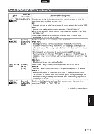 ESPAÑOL




Pantalla RECORDING SETUP (continuación)

                 modo de
      Opción                                            Descripción de los ajustes
               visualización
1394 TC REGEN (MCR/VCR)        Selecciona el código de tiempo que se utiliza cuando se graba la señal del
 P2    TAPE                    equipo que va conectado al terminal 1394.
                               ON:
                                 Graba la entrada de señal con el código de tiempo a través del terminal 1394.
                               OFF:
                                 Graba con el código de tiempo establecido en TCG/FIRST REC TC.
                               • Este ajuste prevalece sobre cualquier otro que se haya establecido en TCG/
                                 FIRST REC TC.
                               • Si no hay entrada en el terminal 1394, el ajuste sigue lo que se haya
                                 establecido en TCG/FIRST REC TC.
TCG            (cámara)        Establece el modo en que avanza el código de tiempo.
 P2    TAPE    (MCR/VCR)       FREE RUN:
               (DUB)             El código de tiempo avanza sea cual sea el modo de funcionamiento.
                                 Graba en el modo de doblaje de tal forma que los códigos de tiempo de los
                                 clips de la tarjeta P2 son traspasados. La información del usuario también se
                                 traspasa.
                               • Cuando ajuste una frecuencia de cuadro que no sea 25P durante el
                                 funcionamiento con el formato 720P/25PN, la operación FREE RUN para el
                                 código de tiempo no se realizará, y en su lugar se realizará la operación REC
                                 RUN.
                               REC RUN:
                                 El código de tiempo avanza sólo al grabar.
FIRST REC TC   (cámara)        Selecciona el código de tiempo que se grabará al empezar a grabar.
TAPE           (VCR)           REGEN:
               (DUB)            Graba el código de tiempo continuando el que ya está grabado en la cinta.
                               PRESET:
                                El código de tiempo no continúa el de la cinta. El valor que establezca en
                                TC PRESET se utilizará como valor inicial al grabar el código de tiempo. Sin
                                embargo, el código de tiempo continuará el de la cinta si se sigue grabando
                                desde algo en la cinta.
TC PRESET      (cámara)        Establece el código de tiempo inicial. Este ajuste entra en vigor cuando se
 P2    TAPE    (MCR/VCR)       selecciona PRESET en FIRST REC TC.
               (DUB)
                                                                                  es el ajuste predeterminado.
                                                                                                                 Menús




                                                                                                             S-112
 