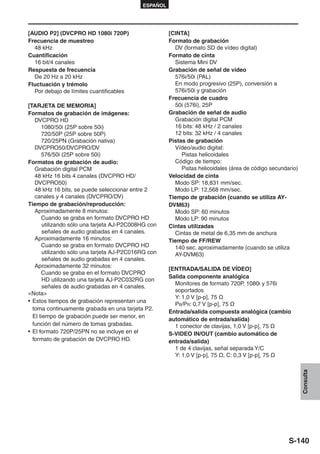 ESPAÑOL




[AUDIO P2] (DVCPRO HD 1080i 720P)                     [CINTA]
Frecuencia de muestreo                                Formato de grabación
  48 kHz                                                DV (formato SD de vídeo digital)
Cuantificación                                        Formato de cinta
  16 bit/4 canales                                      Sistema Mini DV
Respuesta de frecuencia                               Grabación de señal de vídeo
  De 20 Hz a 20 kHz                                     576i/50i (PAL)
Fluctuación y trémolo                                   En modo progresivo (25P), conversión a
  Por debajo de límites cuantificables                  576i/50i y grabación
                                                      Frecuencia de cuadro
[TARJETA DE MEMORIA]                                    50i (576i), 25P
Formatos de grabación de imágenes:                    Grabación de señal de audio
   DVCPRO HD                                            Grabación digital PCM
      1080/50i (25P sobre 50i)                          16 bits: 48 kHz / 2 canales
      720/50P (25P sobre 50P)                           12 bits: 32 kHz / 4 canales
      720/25PN (Grabación nativa)                     Pistas de grabación
   DVCPRO50/DVCPRO/DV                                   Vídeo/audio digital:
      576/50i (25P sobre 50i)                              Pistas helicoidales
Formatos de grabación de audio:                         Código de tiempo:
   Grabación digital PCM                                   Pistas helicoidales (área de código secundario)
   48 kHz 16 bits 4 canales (DVCPRO HD/               Velocidad de cinta
   DVCPRO50)                                            Modo SP: 18,831 mm/sec.
   48 kHz 16 bits, se puede seleccionar entre 2         Modo LP: 12,568 mm/sec.
   canales y 4 canales (DVCPRO/DV)                    Tiempo de grabación (cuando se utiliza AY-
Tiempo de grabación/reproducción:                     DVM63)
   Aproximadamente 8 minutos:                           Modo SP: 60 minutos
      Cuando se graba en formato DVCPRO HD              Modo LP: 90 minutos
       utilizando sólo una tarjeta AJ-P2C008HG con    Cintas utilizadas
       señales de audio grabadas en 4 canales.          Cintas de metal de 6,35 mm de anchura
   Aproximadamente 16 minutos:                        Tiempo de FF/REW
      Cuando se graba en formato DVCPRO HD              140 sec. aproximadamente (cuando se utiliza
       utilizando sólo una tarjeta AJ-P2C016RG con      AY-DVM63)
       señales de audio grabadas en 4 canales.
   Aproximadamente 32 minutos:
                                                      [ENTRADA/SALIDA DE VÍDEO]
      Cuando se graba en el formato DVCPRO
                                                      Salida componente analógica
       HD utilizando una tarjeta AJ-P2C032RG con
                                                        Monitores de formato 720P, 1080i y 576i
       señales de audio grabadas en 4 canales.
                                                        soportados
<Nota>
                                                        Y: 1,0 V [p-p], 75 Ω
• Estos tiempos de grabación representan una
                                                        PB/PR: 0,7 V [p-p], 75 Ω
  toma continuamente grabada en una tarjeta P2.
                                                      Entrada/salida compuesta analógica (cambio
  El tiempo de grabación puede ser menor, en
                                                      automático de entrada/salida)
  función del número de tomas grabadas.                 1 conector de clavijas, 1,0 V [p-p], 75 Ω
• El formato 720P/25PN no se incluye en el            S-VIDEO IN/OUT (cambio automático de
  formato de grabación de DVCPRO HD.                  entrada/salida)
                                                        1 de 4 clavijas, señal separada Y/C
                                                        Y: 1,0 V [p-p], 75 Ω, C: 0,3 V [p-p], 75 Ω
                                                                                                             Consulta




                                                                                                      S-140
 