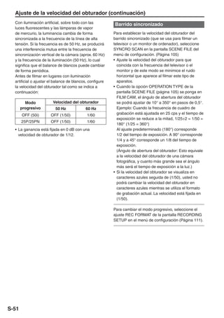 Ajuste de la velocidad del obturador (continuación)
  Con iluminación artificial, sobre todo con las          Barrido sincronizado
  luces fluorescentes y las lámparas de vapor
  de mercurio, la luminancia cambia de forma              Para establecer la velocidad del obturador del
  sincronizada a la frecuencia de la línea de alta        barrido sincronizado (que se usa para filmar un
  tensión. Si la frecuencia es de 50 Hz, se producirá     televisor o un monitor de ordenador), seleccione
  una interferencia mutua entre la frecuencia de          SYNCRO SCAN en la pantalla SCENE FILE del
  sincronización vertical de la cámara (aprox. 60 Hz)     menú de configuración. (Página 105)
  y la frecuencia de la iluminación (50 Hz), lo cual      • Ajuste la velocidad del obturador para que
  significa que el balance de blancos puede cambiar         coincida con la frecuencia del televisor o el
  de forma periódica.                                       monitor y de este modo se minimice el ruido
  Antes de filmar en lugares con iluminación                horizontal que aparece al filmar este tipo de
  artificial o ajustar el balance de blancos, configure     aparatos.
  la velocidad del obturador tal como se indica a         • Cuando la opción OPERATION TYPE de la
  continuación:                                             pantalla SCENE FILE (página 105) se ponga en
                                                            FILM CAM, el ángulo de abertura del obturador
         Modo           Velocidad del obturador             se podrá ajustar de 10° a 350° en pasos de 0,5°.
       progresivo        50 Hz             60 Hz            Ejemplo: Cuando la frecuencia de cuadro de
       OFF (50i)       OFF (1/50)           1/60            grabación está ajustada en 25 cps y el tiempo de
                                                            exposición se reduce a la mitad, 1/25÷2 = 1/50 =
       25P/25PN        OFF (1/50)           1/60
                                                            180° (1/25 = 360°)
  • La ganancia está fijada en 0 dB con una                 Al ajuste predeterminado (180°) corresponde
    velocidad de obturador de 1/12.                         1/2 del tiempo de exposición. A 90° corresponde
                                                            1/4 y a 45° corresponde un 1/8 del tiempo de
                                                            exposición.
                                                            (Ángulo de abertura del obturador: Esto equivale
                                                            a la velocidad del obturador de una cámara
                                                            fotográfica, y cuanto más grande sea el ángulo
                                                            más será el tiempo de exposición a la luz.)
                                                          • Si la velocidad del obturador se visualiza en
                                                            caracteres azules seguida de (1/50), usted no
                                                            podrá cambiar la velocidad del obturador en
                                                            caracteres azules mientras se utiliza el formato
                                                            de grabación actual. La velocidad está fijada en
                                                            (1/50).

                                                          Para cambiar el modo progresivo, seleccione el
                                                          ajuste REC FORMAT de la pantalla RECORDING
                                                          SETUP en el menú de configuración (Página 111).




S-51
 