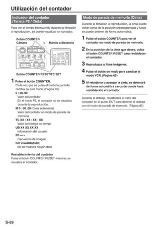 Utilización del contador
   Indicador del contador                                                                                    Modo de parada de memoria (Cinta)
   (Tarjeta P2 / Cinta)
                                                                                                             Durante la filmación o reproducción, la cinta puede
  Para ver el tiempo transcurrido durante la filmación                                                       volver cerca de la posición preprogramada y luego
  o reproducción, se puede visualizar un contador.                                                           se puede detener de forma automática.

       Botón COUNTER                                                                                         1 Pulse el botón COUNTER para ver el
       Cámara                                               o   Mando a distancia                               contador en modo de parada de memoria.

       RESET
               BARS         SHUTTER        SPEED SEL
                                                                                                             2 En la posición de la cinta que desee, pulse
          CH 1 SELECT CH 2 SELECT    INPUT 1      INPUT 2
                                                                   OSD
                                                                            DATE/
                                                                            TIME
                                                                                    PHOTO
                                                                                     SHOT
                                                                                                 START/
                                                                                                  STOP          el botón COUNTER RESET para restablecer
            INT(L)
          INPUT 1
          INPUT 2
                        INT(R)
                      INPUT 2
                                     ON
                                    OFF
                                                 ON
                                                OFF               COUNTER RESET     TITLE             ZOOM      el contador.
                                          MIC POWER +48V
                                 AUDIO                             MULTI/




                                                                                                             3 Reproduzca o filme imágenes.
                                                                   P-IN-P    REC    A.DUB



                                                                                            - VOL +
                                          ZEBRA       OIS
          COUNTER RESET/TC SET
                                                                    /REW    PLAY    FF/




       Botón COUNTER RESET/TC SET
                                                                                                             4 Pulse el botón de modo para cambiar al
                                                                                                                modo VCR. (Página 65)

  1 Pulse el botón COUNTER.                                                                                  5 Al rebobinar o avanzar la cinta, se detendrá
       Cada vez que se pulsa el botón la pantalla                                                               de forma automática cerca de donde haya
       cambia de este modo. (Página 95)                                                                         restablecido el contador.
       0 : 00. 00
        Valor del contador                                                                                   Durante el doblaje, restablezca el valor del
        En el modo P2, el contador no se visualiza                                                           contador en el punto OUT para detener el doblaje
         durante la reproducción.                                                                            con el modo de parada de memoria. (Página 85)
       M 0 : 00. 00 (Cinta solamente)
        Valor del contador en modo de parada de
         memoria
       TC XX : XX : XX : XX
        Valor del código de tiempo
       UB XX XX XX XX
        Información del usuario
       FR --- -
        Frecuencia de imagen
       Sin visualización:
        No se muestra ningún dato.

  Restablecimiento del contador
  Pulse el botón COUNTER RESET mientras se
  visualice el contador.




S-59
 