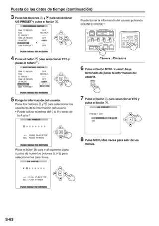 Puesta de los datos de tiempo (continuación)

  3 Pulse los botones    y    para seleccionar
                                                         Puede borrar la información del usuario pulsando
       UB PRESET y pulse el botón .
                                                         COUNTER RESET.

                                                                     BARS         SHUTTER        SPEED SEL
                                                             RESET



                                                                                                                                                START/
                                                                                                                           DATE/   PHOTO         STOP
                                                                                                                   OSD     TIME     SHOT
                                                                CH 1 SELECT CH 2 SELECT    INPUT 1      INPUT 2
                                                                  INT(L)      INT(R)       ON          ON
                                                                INPUT 1     INPUT 2       OFF         OFF         COUNTER RESET    TITLE
                                                                INPUT 2                                                                              ZOOM
                                                                                                MIC POWER +48V
                                                                                       AUDIO                      MULTI/
                                                                                                                  P-IN-P    REC    A.DUB




                                                                                                                                           - VOL +
                                                                                                ZEBRA       OIS
                                                                COUNTER RESET/TC SET
                                                                                                                    /REW   PLAY    FF/




  4 Pulse el botón         para seleccionar YES y                                       Cámara o Distancia
       pulse el botón     .

                                                         6 Pulse el botón MENU cuando haya
                                                            terminado de poner la información del
                                                            usuario.
                                                                      MENU




  5 Ponga la información del usuario.                    7 Pulse el botón                                para seleccionar YES y
       Pulse los botones     y   para seleccionar los       pulse el botón                              .
       caracteres de la información del usuario.
       • Puede utilizar números del 0 al 9 y letras de
         la A a la F.




                                                         8 Pulse MENU dos veces para salir de los
                                                            menús.

       Pulse el botón    para ir al siguiente dígito
       y pulse de nuevo los botones       y   para
       seleccionar los caracteres.




S-63
 