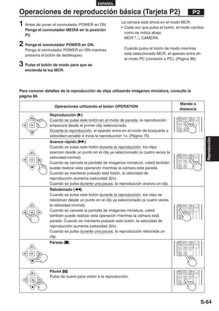 ESPAÑOL

Operaciones de reproducción básica (Tarjeta P2)                                                                P2

1 Antes de poner el conmutador POWER en ON              La cámara está ahora en el modo MCR.
                                                        • Cada vez que pulsa el botón, el modo cambia
   Ponga el conmutador MEDIA en la posición
                                                          como se indica abajo.
   P2.
                                                          MCR      CAMERA
2 Ponga el conmutador POWER en ON.                        Cuando pulsa el botón de modo mientras
   Ponga el conmutador POWER en ON mientras
   presiona el botón de desbloqueo.                       está seleccionado MCR, el aparato entra en
                                                          el modo PC (conexión a PC). (Página 86)
3 Pulse el botón de modo para que se
   encienda la luz MCR.




Para conocer detalles de la reproducción de clips utilizando imágenes miniatura, consulte la
página 66.
                                                                                          Mando a
                  Operaciones utilizando el botón OPERATION
                                                                                          distancia
                Reproducción ( )




                                                                                                                   -V
                Cuando se pulse este botón en el modo de parada, la reproducción
                                                                                         /REW    PLAY    FF/


                                                                                       STILL ADV PAUSE STILL ADV

                empezará desde el primer clip seleccionado.                            INDEX    STOP     INDEX

                Durante la reproducción, el aparato entra en el modo de búsqueda a
                velocidad variable e inicia la reproducción 1x. (Página 75)




                                                                                                                          Reproducción
                Avance rápido ( )
                Cuando se pulsa este botón durante la reproducción, los clips
                avanzan desde un punto en el clip ya seleccionado (a cuatro veces la




                                                                                                                   -V
                velocidad normal).
                                                                                         /REW    PLAY    FF/


                                                                                       STILL ADV PAUSE STILL ADV

                Cuando se cancela la pantalla de imágenes miniatura, usted también     INDEX    STOP     INDEX


                puede realizar esta operación mientras la cámara está parada.
                Cuando se mantiene pulsado este botón, la velocidad de
                reproducción aumenta (velocidad 32x).
                Cuando se pulsa durante una pausa, la reproducción avanza un clip.
                Rebobinado ( )
                Cuando se pulsa este botón durante la reproducción, los clips se
                rebobinan desde un punto en el clip ya seleccionado (a cuatro veces
                la velocidad normal).
                                                                                                                   -V




                                                                                         /REW    PLAY    FF/



                Cuando se cancela la pantalla de imágenes miniatura, usted             STILL ADV PAUSE STILL ADV



                también puede realizar esta operación mientras la cámara está          INDEX    STOP     INDEX




                parada. Cuando se mantiene pulsado este botón, la velocidad de
                reproducción aumenta (velocidad 32x).
                Cuando se pulsa durante una pausa, la reproducción retrocede un
                clip.
                Parada ( )
                                                                                                                   -V




                                                                                         /REW    PLAY    FF/


                                                                                       STILL ADV PAUSE STILL ADV


                                                                                       INDEX    STOP     INDEX




                Pausa ( )
                                                                                                                   -V




                                                                                         /REW    PLAY    FF/



                Pulse de nuevo para volver a la reproducción.                          STILL ADV PAUSE STILL ADV


                                                                                       INDEX    STOP     INDEX




                                                                                                                        S-64
 