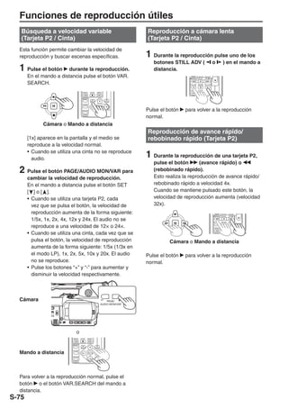 Funciones de reproducción útiles
   Búsqueda a velocidad variable                                                       Reproducción a cámara lenta
   (Tarjeta P2 / Cinta)                                                                (Tarjeta P2 / Cinta)
  Esta función permite cambiar la velocidad de
  reproducción y buscar escenas específicas.                                           1 Durante la reproducción pulse uno de los
                                                                                          botones STILL ADV (                          o              ) en el mando a
  1 Pulse el botón       durante la reproducción.                                         distancia.
       En el mando a distancia pulse el botón VAR.




                                                                                                                                      -V
                                                                                                            /REW    PLAY    FF/


       SEARCH.                                                                                            STILL ADV PAUSE STILL ADV


                                                                                                          INDEX    STOP     INDEX
                                          INDEX        STOP      INDEX


                                         SELECT
                                                        VAR.                 PB.
                                                       SEARCH               ZOOM

                                         STORE
                                                                  MENU

                                         OFF/ON
                                                                                SET
                                                                                       Pulse el botón   para volver a la reproducción
                                                                                       normal.
                                                                         ITEM
                                         P.B.DIGITAL




             Cámara o Mando a distancia
                                                                                       Reproducción de avance rápido/
       [1x] aparece en la pantalla y el medio se                                       rebobinado rápido (Tarjeta P2)
       reproduce a la velocidad normal.
       • Cuando se utiliza una cinta no se reproduce
         audio.
                                                                                       1 Durante la reproducción de una tarjeta P2,
                                                                                          pulse el botón       (avance rápido) o
  2 Pulse el botón PAGE/AUDIO MON/VAR para                                                (rebobinado rápido).
       cambiar la velocidad de reproducción.                                              Esto realiza la reproducción de avance rápido/
       En el mando a distancia pulse el botón SET                                         rebobinado rápido a velocidad 4x.
       [ ] o [ ].                                                                         Cuando se mantiene pulsado este botón, la
       • Cuando se utiliza una tarjeta P2, cada                                           velocidad de reproducción aumenta (velocidad
         vez que se pulsa el botón, la velocidad de                                       32x).
         reproducción aumenta de la forma siguiente:



                                                                                                                                                                       -V
                                                                                                                                             /REW    PLAY    FF/

         1/5x, 1x, 2x, 4x, 12x y 24x. El audio no se                                                                                       STILL ADV PAUSE STILL ADV


         reproduce a una velocidad de 12× o 24×.                                                                                           INDEX    STOP     INDEX


       • Cuando se utiliza una cinta, cada vez que se
         pulsa el botón, la velocidad de reproducción                                            Cámara o Mando a distancia
         aumenta de la forma siguiente: 1/5x (1/3x en
         el modo LP), 1x, 2x, 5x, 10x y 20x. El audio                                  Pulse el botón   para volver a la reproducción
         no se reproduce.                                                              normal.
       • Pulse los botones “+” y “-” para aumentar y
         disminuir la velocidad respectivamente.



  Cámara                                                                   PAGE/
                                                                       AUDIO MON/VAR




                                o
                           INDEX        STOP      INDEX


                          SELECT
                                         VAR.                    PB.
                                        SEARCH                  ZOOM



  Mando a distancia
                          STORE
                                                   MENU

                                                                   SET
                          OFF/ON

                                                          ITEM
                          P.B.DIGITAL




  Para volver a la reproducción normal, pulse el
  botón o el botón VAR.SEARCH del mando a
  distancia.
S-75
 