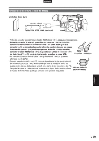 ESPAÑOL




Unidad de disco duro (copia de datos)

Unidad de disco duro


                         Tipo de 4 clavijas    1394




                    Cable 1394 (IEEE 1394) (opcional)




• Antes de conectar o desconectar el cable 1394 (IEEE 1394), apague ambos aparatos.
• Antes de conectar el aparato que utilice un conector 1394 de 6 clavijas,
  compruebe atentamente la forma del cable 1394 (IEEE 1394) y de sus
  conectores. Si se conecta el conector al revés, pueden dañarse las piezas
  internas del aparato, que puede estropearse. Además, primero se debe
  conectar el cable 1394 (IEEE 1394) al aparato que utilice el conector 1394
  de 6 clavijas. ( → ). Lo de arriba también se aplica al cable USB.              6 clavijas 4 clavijas
• No fuerce la conexión entre el cable 1394 y el conector 1394, ya que este
  último se puede dañar.
• Cuando haga la conexión a un PC, coloque el núcleo de ferrita (suministrado)
  en el cable 1394 (IEEE 1394) de tal forma que todo el núcleo de ferrita se
  quede dentro de una distancia de unos 5 cm a partir de los conectores del PC.
                                                                                Núcleo de ferrita
  Después de pasar el cable como se muestra en la figura de la derecha, cierre
                                                                                (suministrado)
  el núcleo de ferrita hasta que haga un ruido seco y quede bloqueado.




                                                                                                          Edición




                                                                                                     S-80
 