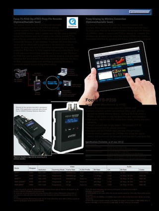 Proxy Image Recording and Wireless Connection Option*1 (Available Soon)                                                                                                                   AG-HPX255/HPX250


Focus FS-P250 (by Vitec) Proxy File Recorder                                                                          Proxy Viewing by Wireless Connection
(Optional/Available Soon)                                                                                             (Optional/Available Soon)
The optional Focus FS-P250 Proxy Recorder (available                                                                  The Focus FS-P250 Proxy Recorder also features a wireless web
soon) is compatible with the AG-HPX255/ HPX250                                                                        interface. When using the AJ-WM30 Wireless Module with the Focus
camera recorders. The Focus FS-P250 records proxy files                                                               FS-P250, proxy files can be streamed / viewed via standard web browser
onto SD/SDHC memory cards in parallel with the AVC-Intra or DVCPRO                                                    on a PC/Mac, tablet, or smartphone.*4 While viewing the streamed files,
format files recorded onto the P2 cards in the camera recorder.*2 The                                                 metadata can be added to the proxy files. Using a PC/Mac also enables a
proxy files are compatible with P2 file format and are linked to the P2                                               cloud-based workflow by uploading and sharing video data via a network.
footage via filename, ID and metadata. This allows the proxy files to be
easily used for offline editing applications; the editor only needs to
replace the proxy data with P2 data before rendering the final video
production.*3 The Focus FS-P250 supports high quality video (Quick Time/
H.264) and audio formats (see chart below) at a low bit rate. The Focus
FS-P250 high quality proxy files can be used for breaking news and other
scenarios that would benefit from proxy workflows. Moreover, the Focus
FS-P250 streamlines production workflow by allowing the editor to
review the content details during offline editing.

                                                                                        PC such as
                                                                                        Panasonic
                                  AJ-WM30                                               Toughbook
                               Wireless Module                                          MacBook Air etc.


 AG-HPX255*1             SDI
 AG-HPX250*1                                           Wireless LAN
                                                       IEEE802.11b/g
                                                                                                Tablet terminal
                                                                                                such as iPad

                                                                               Smartphone*4
                                  FOCUS                                        such as iPhone
                                  FS-P250                                      Portable media player*4
                                                                               such as iPod Touch


                                                                                                                      Focus FS-P250
                                                                                                                      Proxy Recorder (Manufactured by VITEC)
   Mounts to the camera recorder's accessory
   shoe. (This application example also shows
                                                                                                                      •	Records P2-compatible proxy video files (.MOV/H.264).
   the AJ-WM30 Wireless Module attached.)                                                                             •	Includes a built-in wireless web interface. When used with the
                                                                                                                        optional AJ-WM30 Wireless Module, the Focus FS-P250 allows a
                                                                                                                        PC/Mac or iOS device to view the proxy files and input metadata.
                                                                                                                      •	High quality, low-bit-rate files enable faster media sharing and video
                                                                                                                        uploading.
                                                                                                                      •	Compact size and light weight (approx. 320 g/approx. 0.71 lb).
                                                                                                                      •	Battery powered and AC adaptor operation.
                                                                                                                      •	Equipped with SDI (HD/SD) input and loop-through output.
                                                                                                                      •	Includes desktop application for a PC/Mac that allows the user to
                                                                                                                        manage and synchronize the metadata form both the P2 and proxy files.

                                                                                                                      Specifications (Tentative, as of June 2012)
                                                                                                                      Power Source: 	                   DC 12 V
                                                                                                                      Power Consumption: 	              3.6 W for main unit only,
                                                                                                                      	                                 4.2 W with AJ-WM30 Wireless Module
                                                                                                                      Dimensions (WxHxD): 	             84 mm x 34 mm x 135 mm
                                                                                                                      	                                 (3-5/16 inches x 1-3/8 inches x 5-3/8 inches)
*Optional bracket is required for mounting to a                                                                       Weight: 	                         Approx. 210 g (approx. 0.46 lb) for main unit only,
camera recorder.                                                                                                      	                                 Approx. 320 g (approx. 0.71 lb) with battery pack

FS-P250 Recording Format
                                                                                            Video                                                                                       Audio
 Mode                    Wrapper
                                        resolution             Scanning Mode Frame Rate                        H.264 Profile       Bit Rate              CH                  Bit Rate                      Codec
 SHQ*5                   MOV            960 x 540              Progressive            30/25/24 fps             High                3 to 4 Mbps           2 CH                48 kHz                        Linear PCM
 HQ*5                    MOV            640 x 360              Progressive            30/25/24 fps             High                1.5 Mbps              2 CH                64 kbps, 48 kHz               AAC-LC
 LOW*5*6                 MOV            480 x 270              Progressive            30/25/24 fps             Baseline            800 kbps              2 CH                64 kbps, 48 kHz               AAC-LC
 LOW (NTSC)*7            MOV            352 x 240              Progressive            30 fps                   Baseline            800 kbps              2 CH                64 kbps, 48 kHz               AAC-LC
 LOW (PAL)*7             MOV            352 x 288              Progressive            25 fps                   Baseline            800 kbps              2 CH                64 kbps, 48 kHz               AAC-LC

*1: You may need to update AG-HPX255/HPX250 firmware. Please refer to Service and Support on the                    *4: For the latest information, see Service and Support on the Panasonic website
Panasonic Website (http://pro-av.panasonic.net/).                                                                     (http://pro-av.panasonic.net/).
*2: Proxy data cannot be recorded when using the Loop REC or Interval REC function. Proxy data is a                   *5: SHQ/HQ/LOW are HD modes. When the camera recorder recording in SD mode, these modes cannot
low-resolution video and audio data with time code, metadata, and other management data in a file                     be selected.
format.                                                                                                               *6: The resolution for 720/60p and 720/50p input is 320 x 180, and the frame rate is 60 fps and 50 fps,
*3: It doesn't guarantee the zero frame error. For the latest information about offline editing support, see          respectively.
Service and Support on the Panasonic website.                                                                       *7: When the camera recorder records in SD (NTSC), the proxy will be recorder in LOW (NTSC). When it
                                                                                                                      records in SD (PAL), it will be recorded in LOW (PAL). No other modes can be selected.
                                                                                                                                                                                                                                6
 