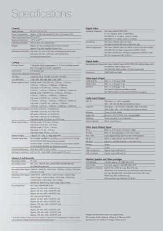 Specifications
General                                                                                              Digital Video
Supply Voltage:	           DC12V (11V to 17V)                                                        Sampling Frequency:	     AVC-Intra 100/DVCPRO HD:
Power Consumption:	 Approx. 18 W (with standard VF, lens, LCD monitor ON)                            	                        Y: 74.1758MHz, PB/PR: 37.0879MHz
Operating Temperature:	0°C to 40°C                                                                   	                        DVCPRO50: Y: 13.5MHz, PB/PR: 6.75MHz
Keeping Temperature:	 −20°C to 60°C                                                                  	                        DVCPRO: Y: 13.5MHz, PB/PR: 3.375MHz

Operating Humidity:	 10% to 85% (no condensation)                                                    Quantizing:	             AVC-Intra 100/AVC-Intra 50: 10bit
                                                                                                     	                        DVCPRO HD/DVCPRO50/DVCPRO/DV: 8bit
Weight:	                   Approx. 3.6 kg excluding battery and accessories
	                          Approx. 5 kg with supplied Fujinon lens                                   Video Compression:	      AVC-Intra 100/AVC-Intra 50: MPEG-4 AVC/H.264 Intra Profile	
                                                                                                     	                        DVCPRO HD: DV base compression (SMPTE 370M)
Dimensions (WxHxD):	 246 mm x 251 mm x 441 mm, excluding prominent parts
                                                                                                     	                        DVCPRO 50/DVCPRO: DV base compression (SMPTE 314M)
	                    246 mm x 251 mm x 549 mm, with Fujinon lens,
                                                                                                     	                        DV: DV compression (IEC 61834-2)
	                    excluding prominent parts

                                                                                                     Digital Audio
Camera
                                                                                                     Recording Audio Signal:	 VC-Intra 100/AVC-Intra 50/DVCPRO HD: 48kHz/16bits, 4CH
                                                                                                                            A
Pick-up Device:	           2.2M pixels MOS Image sensor x 3 (1/3-inch interline transfer
                                                                                                     	                      DVCPRO50: 48kHz/16bits, 4CH
	                          type and progressive modes supported)
                                                                                                     	                      DVCPRO/DV: 48kHz/16bits, 2CH/4CH switchable
Lens Mount:	               1/3 bayonet type
                                                                                                     Headroom:	               20dB/18dB switchable
Optical Color Separation:	 rism system
                         P
ND Filter:	                4 position (Clear, 1/4 ND, 1/16 ND, 1/64 ND)
                                                                                                     Video Input/Output
Gain Selection:	           −3dB, 0dB, 3dB, 6dB, 9dB, 12dB, 24dB
                                                                                                     GENLOCK IN:	             BNC × 1, 1.0V [p-p] 75 Ω
Shutter Speed (Preset):	   50i/50p mode: 1/50 (OFF) sec., 1/60 sec., 1/120 sec.,
                                                                                                     VIDEO OUT:	              BNC × 1, 1.0V[p-p] 75 Ω
	                          1/250 sec., 1/500 sec., 1/1000 sec., 1/2000 sec.
	                          25p mode: 1/25 (OFF) sec., 1/50 sec., 1/60 sec.,                          SDI OUT:	                BNC × 2, 0.8V[p-p] 75 Ω
	                          1/120 sec., 1/250 sec., 1/500 sec., 1/1000 sec., 1/2000 sec.              	                        HD: SMPTE292M/296M/299M standard
	                          60i/60p mode: 1/60(OFF) sec., 1/100 sec., 1/120 sec.,                     	                        SD: SMPTE259M-C/272M-A/ITU-R.BT656-4 standard
	                          1/250 sec., 1/500 sec., 1/1000 sec., 1/2000 sec.
	                          30p mode: 1/30(OFF) sec., 1/60 sec., 1/100 sec.,                          Audio Input/Output
	                          1/120 sec., 1/250 sec., 1/500 sec., 1/1000 sec., 1/2000 sec.              MIC IN:	                 XLR (3pin) x 2, +48 V compatible
	                          24p mode: 1/24(OFF) sec., 1/60 sec., 1/100 sec.,                          	                        MIC: −40/−50/−60 dBu (switchable on menu)
	                          1/120 sec., 1/250 sec., 1/500 sec., 1/1000 sec., 1/2000 sec.              Audio IN:	               XLR (3pin) x 2 (CH1/CH2), LINE/MIC/+48V switchable
Shutter Speed (Variable):	50i mode: 1/50.0 sec. to 1/250.0 sec.                                      	                        LINE: 0 dBu, MIC: −50/−60 dBu (switchable on menu)
	                         25p mode: 1/25.0 sec. to 1/250.0 sec.                                      Wireless:	               25 pin, D-SUB, 40dBu
	                         60i mode: 1/60.0 sec. to 1/249.8 sec.
                                                                                                     Audio Out:	              Pin jack x 2 (CH1/CH2), Out: 316 mV, 600Ω,
	                         30p mode: 1/30.0 sec. to 1/249.8 sec.
                                                                                                     Earphone:	               Stereo mini jack (3.5mm diameter)
	                         24p/24pA mode: 1/24.0 sec. to 1/249.8 sec.
                                                                                                     Internal Speaker:	       28mm round shape x 1
Shutter Speed (Slow):	     50i/50p mode: 1/12.5 sec., 1/25 sec.
	                          25p mode: 1/6.25 sec., 1/12.5 sec.
	                          60i/60p mode: 1/15 sec., 1/30 sec.                                        Other Input/Output Signal
	                          30p mode: 1/7.5 sec., 1/15 sec.                                           TC In:	                  BNC x 1, 0.5 V [p-p] to 8 V [p-p], 10kΩ
	                          24p/24pA mode: 1/6 sec., 1/12 sec.                                        TC Out:	                 BNC x 1, low impedance, 2.0 V ±0.5 V [p-p]
Aperture Angle:	           3 deg to 359.5 deg, 0.5 deg step select                                   IEEE 1394:	              6 pin, digital In/Out, based on IEEE 1394 Standard
Variable Frame Rate :	     50 Hz mode: variable 12/15/18/20/21/22/23/24/25/26/27/28/30/              DC In:	                  XLR x 1, 4-pin, DC12V (DC11.0V to 17.0V)
	                          32/34/37/42/45/48/50 fps (frames per second)                              DC Out:	                 4-pin, DC12V (DC11.0V to 17.0V), max 1.5 A.
	                          59.94Hz mode: variable 12/15/18/20/21/22/24/25/26/27/28/30/               Remote:	                 10 pin
	                          32/34/36/40/44/48/54/60 fps (frames per second)
                                                                                                     Lens:	                   12 pin
Horizontal Resolution : 	 More than 1000 TV lines (center)
                                                                                                     USB 2.0 (Device):	       Type-B, 4-pin (USB ver2.0)
Minimum Luminance:	 0.67 lx (F1.6 , Gain 24dB , shutter speed 1/25 sec.)
                                                                                                     USB 2.0 (Host):	         Type-B, 4-pin (USB ver2.0)

Memory Card Recorder
                                                                                                     Monitor, Speaker and Other packages
Recording Media:	          P2 Card
                                                                                                     LCD Monitor:	            3.2-inch approx. 921,000 dots (16:9)
Recording Format:	         AVC-Intra 100/AVC-Intra 50/DVCPRO HD/DVCPRO50/
                                                                                                     View Finder:	            0.45-inch approx. 1,226,000 dots (16:9)
	                          DVCPRO/DV selectable
                                                                                                     Supplied Accessories:	   Fujinon lens, Front lens cap, Rear lens cap,
Recording Video Signal:	1080/50i, 1080/25p, 1080/25pN, 720/50p, 720/25p, 720/25pN,
                                                                                                     	                        Zoom lever, Lens connector cap, Lens hood, Lens hood cap,
(50 Hz)	                576/50i, 576/25p
                                                                                                     	                        Eye cup, Shoulder belt, Front audio level knob with screw,
Recording Video Signal:	1080/59.94i, 1080/29.97p, 1080/29.97pN, 1080/23.98p,                         	                        Mount cap, BNC connector cap,
(59.94 Hz)	             1080/23.98pA, 1080/23.98pN, 720/59.94p, 720/29.97p,                          	                        XLR connector cap, Software CD-ROM
	                       720/29.97pN, 720/23.98p, 720/23.98pN,
	                       480/59.94i, 480/29.97p, 480/23.98p, 480/23.98pA
Recording Time*:	          AVC-Intra 100/DVCPRO HD
	                          Approx. 16 min. with a 16GB P2 card
	                          Approx. 32 min. with a 32GB P2 card
	                          Approx. 64 min. with a 64GB P2 card
	                          AVC-Intra 50/DVCPRO50
	                          Approx. 32 min. with a 16GB P2 card
	                          Approx. 64 min. with a 32GB P2 card
	                          Approx. 128 min. with a 64GB P2 card
	                          DVCPRO/DV 		
	                          Approx. 64 min. with a 16GB P2 card
	                          Approx. 128 min. with a 32GB P2 card
	                          Approx. 256 min. with a 64GB P2 card                                      Weight and dimensions shown are approximate.
* Time shown above is when you record a series of 1 shot to P2 card. Depending on numbers of shots   The content of this catalog is a thing as of February, 2009.
you record, time will get shorter than the number shown above.                                       Specifications are subject to change without notice.
 