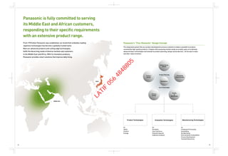Panasonic is fully committed to serving
its Middle East and African customers,
responding to their specific requirements
with an extensive product range.
From 1918 when Panasonic was established, our brand that embodies leading
Japanese technologies has become a globally trusted name.
Now our advanced products and cutting edge technologies
fulfill the discerning needs of diverse markets and customers
in the Middle East and Africa. With its innovative products,
Panasonic provides smart solutions that improve daily living.
Japan
Product Planning
Core Technologies
Market Needs
Design
Processing
Control Design
Facility
&
Mold Design
Process
Design
Product
Design
Customers
Middle East
Panasonic’s “Five-Elements” Design Concept
The integrated system that our product development process is based on makes it possible to produce
consistently high-quality products. It begins with assessing market needs accurately, goes on to develop
advanced basic technologies and extends to product planning, design and production, all the way to sales
and after-sales activities.
for
Safety
Comfort
Ecology
Product Technologies
for
Durability
User Interfaces
Potential Hazards
Substance Analysis
Evaluation Technologies
for
Component Processing
Assembling
Die Machining
Environmental Compatibility
Process Development
Testing & Measuring
Manufacturing Technologies
04 05
LATIF
056
4848805
 