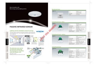 PASSIVE INFRARED SENSOR
New innovation with
New energy-saving lighting control.
TTECHNICALDETAILECHNICALDETAILPASSIVEINFRAREDSENSORASSIVEINFRAREDSENSORAUTOMATICTIMESWITCHAUTOMATICTIMESWITCH
TECHNICALDETAILECHNICALDETAILPASSIVEINFRAREDSENSORASSIVEINFRAREDSENSORAUTOMATICTIMESWITCHAUTOMATICTIMESWITCHFLOOROUTLETSERIESLOOROUTLETSERIES
FLOOROUTLETSERIESLOOROUTLETSERIES
72 73
Wall Mounted Sensor
Ceiling Mounted Sensor - Master
Ceiling Mounted Sensor - Auxiliary
Ceiling Mounted Sensor
-10℃ - +40℃
Applicable Standard
Ambient Temperature
Applicable Wire
Size of Installation Hole(cm)
Applicable Box
Time-Out Delay
Detectable Movement Speed
Temperature of Detection
Rating
IEC60669-2-1
Rigid Copper Conductor 1.5mm² - 2.5mm²
Ø7cm(+0.5cm)
Square Box (Depth : 2 inches or more)
Octagon Box (Depth : 2 inches or more)
10 seconds - 30 minutes
0.3m/seconds -1.0m/seconds
4℃ or more
3A 220-240V~,
Incandescent Lamp 660W
Fluorescent Lamp 330W
Time-Out Delay
Daylight Sensor
Installation
Rating
45 seconds - 75 seconds
Less than 15 lux
1.2 m-1.6 m high
220V-240V
Incandescent lamp 300W
Flourescent lamp 100W
Applicable Standard
Ambient Temperature
Applicable Wire
Size of Installation Hole(cm)
Applicable Box
Time-Out Delay
Detectable Movement Speed
Light Sensor
Temperature of Detection
Rating
IEC60669-2-1
Rigid Copper Conductor 1.5mm² - 2.5mm²
Ø7cm(+0.5cm)
-10℃ - +40℃
Square Box (Depth : 2 inches or more)
Octagon Box (Depth : 2 inches or more)
Fixed 1 miniute
0.3m/seconds -1.0m/seconds
None
4℃ or more
3A 220V-240V~
The detection area can be
increased by connecting
the maximum of 4 Auxiliary
units with Master unit.
Applicable location
Dividing area (restroom,locker)and corridor.
Example :
Installation Layout of
Restroom
Once a person is out of the
range of detection, the light is
automatically turned off after
a fixed period of time.
This timing can be adjusted in
the range of around 10 to 30
seconds.
When a person enters the
range of detection, his/her
movement is detected and the
light comes on automatically.
Ceiling LightPassive Infared
Sensor
-10℃ - +40℃
Applicable Standard
Ambient Temperature
Applicable Wire
Size of Installation Hole(cm)
Applicable Box
Time-Out Delay
Detectable Movement Speed
Temperature of Detection
Rating
IEC60669-2-1
Rigid Copper Conductor 1.5mm² - 2.5mm²
Ø7cm(+0.5cm)
Square Box (Depth : 2 inches or more)
Octagon Box (Depth : 2 inches or more)
Depend on time out delay of master
0.3m/seconds -1.0m/seconds
4℃ or more
12V DC
(Must be connect with only WTKG2411)
can not connect with lamp
Lighting controls intended to conserve energy.
The sensor detects movement and ambient brightness, and automatically
turns the lights On or Off. You no longer need to worry about forgetting to
turn the lights off.
Detective
Area
White
WMSU711K
White
WTKG2411
White
WTKG2911
White
WTKG2310-P
WTKG2911
(Auxiliary)
WTKG2411
(Master)
Auxiliary#1 Auxiliary#2
Auxiliary#3
Auxiliary#4
LATIF
056
4848805
 