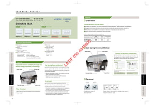 T E C H N I C A L D E T A I L STTECHNICALDETAILECHNICALDETAILPASSIVEINFRAREDSENSORASSIVEINFRAREDSENSORAUTOMATICTIMESWITCHAUTOMATICTIMESWITCH
TECHNICALDETAILECHNICALDETAILPASSIVEINFRAREDSENSORASSIVEINFRAREDSENSORAUTOMATICTIMESWITCHAUTOMATICTIMESWITCHFLOOROUTLETSERIESLOOROUTLETSERIES
FLOOROUTLETSERIESLOOROUTLETSERIES
84 85
WEBP515117 WEBP525217 WEBP535317 WEGP515117 WEGP525217 WEGP535317
Technical Specifications
Features
Features
Switches 16AX
Standards
Comply with IEC60669-1
Rating
16AX 250V~
Ambient Temperature
-10°C - +40°C
Representative Performance
·Electric strength : 2,000V 1 min
·Operation test : 40,000 Operations
·Temperature rise : Test current 20A (2.5 mm2
)
Not more than 45K (Terminals)
Terminal
Pillar Terminal
Applicable Wire
1.5 mm2 - 4 mm2
15 AWG - 12 AWG
Terminal Capacity
1.5 mm2
× 3
2.5 mm2
× 2
4 mm2
× 1
Urea Resin
Coil Spring Reversal Method
Terminal
Flexible (class 5)
Conductor
Stranded
Conductor
Solid
Conductor
Rigid ( Solid or Stranded ) & Flexible (only class 5)
Copper Conductor Type
Excellent arc resistance, arc tracking resistance, flame retardance, heat resistance, color fastness.
Has good electrical performance and mechanical strength with excellent abrasion resistance.
Difficult to scratch, and there is virtually no adherence of dust due to static electricity.
Organic solvents and oily substances cannot permeate.
Improved contact reliability through our
design using proprietary technology.
Enclosure Material Characteristics (reference)
Tracking Performance Excellent Good Poor
Urea PBT Polycarbonate
Heat Deformation Good Good Fair
Self-Extinguishment Good Good Good
Minimal contact bounce time
with switch “ON” reduces arc energy
being generated.
Long contact bounce time results in
more arc energy generation.
Contact deposition almost never
occurs, so contact damage is minimal.
Contact deposition occurs easil and
causes faster wear.
Short Time Long Time
OnOn OnOnOn On
Operation Operation
The Full-Color Series has a coil spring system to reduce arc
energy generation, making it ideal for compact fluorescent
lighting (CFL), inverter illumination and LED lighting.
Bounce Performance Comparison
Characteristics of Urea Resin
Built-in pillar terminal accommodates any wire configuration.
1 mm2 - 4 mm2
Pillar Terminal
Coil Spring Reversal Method
Panasonic's proprietaty coil spring reversal method, causes the
pressure applied on the connector to be stable, so that it does
not become very hot. By keeping the bound small, the production
of arc energy is minimised.
Because the damage is small, the contacts do not fuse
easily, making them long lasting.
Our products have cleared the On/Off testing for
40,000 operations required by IEC.
Urea Resin
Even when the product is wrongly used, the casing does
not fuse. As such, it is fire proof and shock proof.
It is resistant to fire caused by tracking on the surfaceof
the socket, and the material itself does not melt easily.
Since the material is highly insulated so that electricity
does not pass through it, it is shock proof.
The use of urea resin which is safer and more secure
has led to improved fire resistance. It also has excellent
tracking resistance which prevents electric shocks.
FULL-COLOR WIDE SERIES BS-TYPE , A-TYPE
FULL-COLOR WIDE SERIES Refina BS-TYPE , A-TYPE
Flexible wire (class 5)
also applicable
SwitchSocket
Seesaw Type of Switching SystemCoil Spring System
1Way SwitchBS-TYPE 1Way SwitchA-TYPE
Effort Point
Load PointFulcrum Point
Coil Spring
Effort Point
Load PointFulcrum Point
Coil Spring
LATIF
056
4848805
 