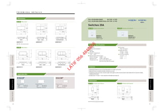 Dimensions
Applicable Box
Technical Specifications
Features
Dimensions
T E C H N I C A L D E T A I L STECHNICALDETAILECHNICALDETAILPASSIVEINFRAREDSENSORASSIVEINFRAREDSENSORAUTOMATICTIMESWITCHAUTOMATICTIMESWITCH
TECHNICALDETAILECHNICALDETAILPASSIVEINFRAREDSENSORASSIVEINFRAREDSENSORAUTOMATICTIMESWITCHAUTOMATICTIMESWITCHFLOOROUTLETSERIESLOOROUTLETSERIES
FLOOROUTLETSERIESLOOROUTLETSERIES
86 87
Switches 20A
WEBP515117 WEBP525217 WEBP535317
WEGP515117 WEGP525217 WEGP535317
WEG55337
WEB7811W
WEBP5410600F
WEG55337
WEG6801WK-P
WEGP5414600F
Standards
Comply with IEC60669-1
Rating
20A 250V~
Ambient Temperature
-10°C - +40°C
Representative Performance
·Electric strength : 2,000V 1 min
·Operation test : 10,000 Operations
·Temperature rise : Test current 25A (4 mm2
)
Not more than 45K (Terminals)
Terminal
Pillar Terminal
Applicable Wire
2.5 mm2 - 6 mm2
13 AWG - 10 AWG
Terminal Capacity
2.5 mm2
× 2
4 mm2
× 1
6 mm2
× 1
Switching mechanism uses a coil spring system for a longer service life.
Made with flame-retardant and heat-resistant urea resin.
Conductive section uses heat-resistant copper with superior anticorrosion property and conductivity for long-term stable,
reliable performance.
Accepts wires : 2.5 mm2 - 6 mm2 solid wire to flexible wire (class 5).
FULL-COLOR WIDE SERIES BS-TYPE , A-TYPE
FULL-COLOR WIDE SERIES Refina BS-TYPE , A-TYPE
86
60.3
86
14.620.7
9
86
14.6
9
20.786
60.3
86
14.6
9
20.786
60.3
83.5
20.7
9
14.670
120
20.714.6
9
83.5
120
70
8614.620.7
9
86
60.3
*BS-TYPE : M3.5 mounting screws included.
*BS-TYPE : with screws for insert.
Plate : 86 x 146 mm
Box : 72 x 132 mm
Fixing Center : 120.6 mm
Dimensions
BS-TYPE
Plate : 86 x 86 mm
Box : 72 x 72 mm
Fixing Center : 60.3 mm
Dimensions
A-TYPE
Plate : 70 x 120 mm
Box : 51 x 102 mm
Fixing Center : 83.5 mm
Dimensions
1Way SwitchBS-TYPE
1Way SwitchA-TYPE
20.714.6
9
83.5
70
120
7020.7
9
14.6
120
83.5
DP Switch with IndicatorBS-TYPE DP Switch with IndicatorA-TYPE
DP Switch with IndicatorBS-TYPE DP Switch with IndicatorA-TYPE
LATIF
056
4848805
 