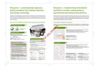 08 09
Terminal Section Temperature Rise
Withdrawal Forces
BS1363-2 Standard Value
BS1363-2 Standard Value
Conditions
Initial
After 15,000 times
20A current
After 15,000 times 13A current
52K max.
Insulation Resistance
BS1363-2 Standard Value
Initial
After 15,000 times
5MΩ min.
Electric Strength
BS1363-2 Standard Value
Initial
After 15,000 times
2,000V 1 min.
2,000V 1 min.
3 pins
Single pin
36N max.
2.2N min.
Switches
Socket Outlets
Panasonic's switches conform to the IEC60669-1 standard (16AX250V~) . Socket Outlets conform to the IEC60884-1 standard.
All devices guarantee protection against electric shock and are designed for endurance, service longevity and safety.
• Designed for long service life (compliant with IEC standard) with
40,000 testing operations at 16AX 250V~ full rating.
• Heat-resistant, highly conductive material used for the terminal plate
reduces temperature that increases in the terminal section.
• Wide socket outlet secures insulation distance between contact and
external metal parts improving safety.
• Long-life design, capable of 15,000 times at 13A 250V ~ full rating.
• Heat-resistant, highly conductive material is used for the socket contact
and terminal point to reduce temperature increase.
Safety design complying to IEC standards
Safety improvement based on
excellent heat resistance materials.
Improved contact reliability through our design using proprietary technology.
With its fire and shock proof materials, the casing will
hardly fuse even if installed incorrectly.
Resistant to fire that could potentially come out from the
socket’s core components. Urea is also well known to
safely respond to extreme heat conditions.
Highly insulated material improving shock proof reduction.
Wiring Instructions
Pillar Terminal (WIDE Series)
Protection against Electric Shock
Enclosure Material Characteristics (reference)
Tracking Performance Excellent Good Poor
Urea PBT Polycarbonate
Heat Deformation Good Good Fair
Self-Extinguishment Good Good Good
The use of urea resin which is safer and more secure has
led to improved fire resistance. It also has excellent tracking
resistance which prevents electric shocks.
Flexible wire (class 5)
also applicable
Only Rigid Copper Conductor type is applicable.
(Flexible wire applicable only for Pillar Terminal )
For the details, please refer to the remarks at the bottom of each page.
Switch
Appricable Wire
Flexible Rigid
OK OK OK
StrandedSolid
Panasonic — promoting high Japanese
quality standards that embody advanced
safe design technology.
Comparison of Bounce Performance
Since the bound time of the contact is
short when it is switched “ON”, low arc
energy is produced.
Since the bound time of the contact is
long, a considerable amount of arc
energy is produced.
The contact does not fuse easily,
therefore its consumption is low.
The contact fuses easily, creating
high consumption.
Short Time Long Time
Coil Spring System Seesaw Type of Switching System
OnOn OnOnOn On
Operation Operation
Coil Spring Reversal Method
Panasonic’s proprietary coil spring reversal method causes the
pressure applied on the connector to be stable, ensuring low
heat stability. By keeping the bound low, the arc energy is
efficiently minimized.
The coil spring system which is used in the FULL-COLOR WIDE
SERIES produces low arc energy which makes it most suitable
for CFL, inverter lighting, and LED lighting.
Since the wear is low, the contacts do not fuse easily,
making them long lasting.
Our products have cleared ON-OFF testing of 40,000
operations required by IEC.
Panasonic’s cutting edge products are the results of a continuous technical development process
that stresses Security, Safety and Comfort. This is seen in the development of our switches and
outlets incorporating outstanding safety measures to better protect homes from various
electrical hazards.
1.5 mm2
- 4.0 mm2
(15 AWG - 12 AWG)
Urea Resin
Socket
Panasonic — implementing international
standards in product safety design to
guarantee the well-being of all customers.
Offering switches, outlets and related products that are easy to install as well as being easy to use
for consumers is important to Panasonic. Safety standards and guidelines all over the world are
addressed and complied with. Product designs emphasize installation ease which in turn promotes
uniform installation quality everywhere in the world.
Terminal Section Temperature Rise
IEC60669-1 standard value Conditions
Initial
Use as 40,000
testing operations
20A current
16A current
45K max.
LATIF
056
4848805
 