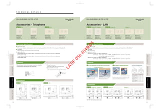 Features
Dimensions
Features
Dimensions
T E C H N I C A L D E T A I L STECHNICALDETAILECHNICALDETAILPASSIVEINFRAREDSENSORASSIVEINFRAREDSENSORAUTOMATICTIMESWITCHAUTOMATICTIMESWITCH
TECHNICALDETAILECHNICALDETAILPASSIVEINFRAREDSENSORASSIVEINFRAREDSENSORAUTOMATICTIMESWITCHAUTOMATICTIMESWITCHFLOOROUTLETSERIESLOOROUTLETSERIES
FLOOROUTLETSERIESLOOROUTLETSERIES
102 103
*BS-TYPE : M3.5 mounting screws included.
Technical Specifications
NR3160-8
WNB7801
WNBP4519980
NR3160-8
WNG6801W-P
WNGP4519980
NR3160-8
WNG6802W-P
WNGP4529980
NR3170-8
WNB7802
WNBP4519680
NR3170-8
WNG6801W-P
WNGP4519680
NR3170-8
WNG6802W-P
WNGP4529680
*BS-TYPE : M3.5 mounting screws included.
Technical Specifications
WNTG15649
WNB7801
WNBP4519940
WNTG15649
WNB7802
WNBP4529940
WNTG15649
WNG6801W-P
WNGP4519940
WNTG15649
WNG6802W-P
WNGP4529940
Series Series
FULL-COLOR SERIES BS-TYPE , A-TYPEFULL-COLOR SERIES BS-TYPE , A-TYPE
Accessories - LANAccessories - Telephone
Category 5e , Category 6BS-TYPE Category 6Category 5eA-TYPE
Category 5e , Category 6BS-TYPE Category 6Category 5eA-TYPE
Connector Type
“8-way unshielded fixed connector (miniature 8-position modular jack)” specified in IEC 60603-7
Terminal
IDC connection
Applicable Cable
NR3160-8 : 4-pair UTP cable, Category 5e
Conductor : solid copper wire, 22 AWG - 24 AWG (diameter : 0.5 mm - 0.65 mm)
: or stranded copper wire, 24 AWG
NR3170-8 : 4-pair UTP cable, Category 6
Conductor : solid copper wire, 22 AWG - 24 AWG (diameter : 0.5 mm - 0.65 mm)
Connector Type
Miniature Modular Jack, 6 position with 4-contacts, specified in TIA-1096-A (Previously in FCC part 68)
Terminal
Quick Connect Terminal (Screwless Terminal)
Applicable Wire
Paired quad-type PVC indoor cable : Core wire to be 0.4 mm, 0.5 mm, 0.65 mm, in diameter
(solid copper only)
2-pair Business-phone indoor cable : Core wire to be 0.4 mm, 0.5 mm, 0.65 mm, in diameter
(solid copper only)
Quick Connect Terminal increases connection reliability.
Quick Connect Terminal for easy connection.
Simple Connection
Just insert cable into the terminal hole.
Easy Cable Disconnection
Push removal button while pulling out cable.
Pull out 10.515.5
83.5
70
120
9
10.515.5
9
120
83.5
70
86
15.510.5
60.39
86
86
10.515.5
960.3
86
27.3
9
10.3
70
83.5
120
27.3
9
10.3
120
70
83.5
10.327.3
83.5
70
120
9
10.327.3
9
120
83.5
70
86
27.310.3
960.3
86
86
27.3
9
10.386
60.3
2-way connection
It’s not necessary to use special wiring tool.1 No need to untwist the wires.2
Cut the excess wires with
nippers after connection
Wiring tool
(D.Impact tool)
Excess wires can be cut with
the blade edge of the tool
Using wiring toolToolless
Projection between the slots
No need to untwist the wires to setting on the slots.
Minimum untwisting retains uniform installation
quality and transmission performance.
1
Pair3 Pair1 Pair4
Pair2
T568A T568B(Optionnal)
2 3 4 5 6 7 8 1
Pair2 Pair1 Pair4
Pair
1
2
3
4
Color
W/BL
T568A
5
4
3
6
1
2
7
8
5
4
1
2
3
6
7
8
T568B
W/O
O
G
W/G
W/BR
BR
BL
Pin No.
Pair3
2 3 4 5 6 7 8
Pin/Pair assignment
6P4CBS-TYPE 6P4CA-TYPE
6P4CBS-TYPE 6P4CA-TYPE
LATIF
056
4848805
 