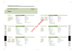 T E C H N I C A L D E T A I L STECHNICALDETAILECHNICALDETAILPASSIVEINFRAREDSENSORASSIVEINFRAREDSENSORAUTOMATICTIMESWITCHAUTOMATICTIMESWITCH
TECHNICALDETAILECHNICALDETAILPASSIVEINFRAREDSENSORASSIVEINFRAREDSENSORAUTOMATICTIMESWITCHAUTOMATICTIMESWITCHFLOOROUTLETSERIESLOOROUTLETSERIES
FLOOROUTLETSERIESLOOROUTLETSERIES
104 105
Technical Specifications
Technical Specifications Technical Specifications
Technical Specifications
Technical Specifications Technical Specifications
Technical Specifications
Others
4G Switch
Standards
Comply with BS3676 ; 1989
Rating
15AX 250V~
Ambient Temperature
-10°C - +40°C
Representative Performance
·Electric strength
: 2,000V 1 min
·Operation test
: 40,000 Operations
·Temperature rise
: Test current 20A (2.5 mm2
)
Not more than 45K (Terminals)
Terminal
Screw Terminal
Applicable Wire
1.5 mm2 - 3.5 mm2
14 AWG - 12 AWG
Terminal Capacity
1.5 mm2
× 1
3.5 mm2
× 1
14 AWG × 1
12 AWG × 1
*Supply terminal has 2 terminal holes.
Standards
Comply with IEC60669-1
Rating
10A 250V~
Ambient Temperature
-10°C - +40°C
Representative Performance
·Electric strength
: 2,000V 1 min
·Operation test
: 40,000 Operations
·Temperature rise
: Test current 13.5A (2.5 mm2
)
Not more than 45K (Terminals)
Terminal
Screw Terminal
Applicable Wire
1.5 mm2 - 3.5 mm2
14 AWG - 12 AWG
Terminal Capacity
1.5 mm2
× 1
3.5 mm2
× 1
14 AWG × 1
12 AWG × 1
Standards
Comply with IEC60669-1
Rating
10A 300V
Ambient Temperature
-10°C - +40°C
Representative Performance
·Electric strength
: 2,000V 1 min
·Operation test
: 40,000 Operations
·Temperature rise
: Test current 13.5A (2.5 mm2
)
Not more than 45K (Terminals)
Terminal
Screw Terminal
Applicable Wire
0.75 mm2 - 2 mm2
Terminal Capacity
0.75 mm2
× 1
1 mm2
× 1
1.5 mm2
× 1
2 mm2
× 1
16 AWG × 1
14 AWG × 1
Standards
Comply with IEC60884-1
Rating
15A 127V~
Ambient Temperature
-10°C - +40°C
Representative Performance
·Electric strength
: 2,000V 1 min
·Operation test
: 5,000 times (10,000 movements)
·Temperature rise
: Test current 15A (2.5 mm2
)
Not more than 45K (Terminals)
Terminal
Screw Terminal
Applicable Wire
1.5 mm2 - 3.5 mm2
14 AWG - 12 AWG
Terminal Capacity
1.5 mm2
× 1
3.5 mm2
× 1
14 AWG × 1
12 AWG × 1
Intermediate Switch
Push Button
WNBP5140630
WNBP5113650 WNBP5113660
WNBP5513630
15A 3Pin Socket
WNB1131
Universal Socket
WNBP1914610
Standards
Comply with BS546
Rating
15A 250V~
Ambient Temperature
-10°C - +40°C
Representative Performance
·Electric strength
: 1,500V 1 min
·Operation test
: 15,000 times (30,000 movements)
·Temperature rise
: Test current 15A (2.5 mm2
)
Not more than 35K (Terminals)
Terminal
Screw Terminal
Applicable Wire
2.5 mm2 - 4 mm2
(L,N terminal)
1.5 mm2 - 4 mm2
(E terminal)
Terminal Capacity
1.5 mm2
× 3
2.5 mm2
× 3
4 mm2
× 2
Standards
Comply with IEC60884-1
Rating
16A 250V~
Ambient Temperature
-10°C - +40°C
Representative Performance
·Electric strength
: 2,000V 1 min
·Operation test
: 5,000 times (10,000 movements)
·Temperature rise
: Test current 22A (2.5 mm2
)
Not more than 45K (Terminals)
Terminal
Screw Terminal
Applicable Wire
1.5 mm2 - 3.5 mm2
14 AWG - 12 AWG
Terminal Capacity
1.5 mm2
× 1
2.5 mm2
× 1
14 AWG × 1
12 AWG × 1
Series
FULL-COLOR SERIES BS-TYPE , A-TYPE
3G Wire Grounding Socket
WNBP1619600 WNBP1629600
LATIF
056
4848805
 