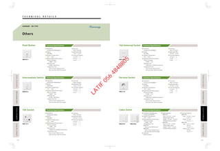T E C H N I C A L D E T A I L STECHNICALDETAILECHNICALDETAILPASSIVEINFRAREDSENSORASSIVEINFRAREDSENSORAUTOMATICTIMESWITCHAUTOMATICTIMESWITCH
TECHNICALDETAILECHNICALDETAILPASSIVEINFRAREDSENSORASSIVEINFRAREDSENSORAUTOMATICTIMESWITCHAUTOMATICTIMESWITCHFLOOROUTLETSERIESLOOROUTLETSERIES
FLOOROUTLETSERIESLOOROUTLETSERIES
114 115
Technical Specifications
Technical Specifications Technical Specifications
Technical Specifications
Technical Specifications Technical Specifications
Technical Specifications
Others
Push Button
Standards
Comply with BSEN60669-1
Rating
10A 250V~
Ambient Temperature
-5°C - +40°C
Representative Performance
·Electric strength
: 2,000V 1 min
·Operation test
: 40,000 Operations
·Temperature rise
: Test current 13.5A (2.5 mm2
)
Not more than 45K (Terminals)
Terminal
Pillar Terminal
Applicable Wire
1 mm2 - 4 mm2
Terminal Capacity
1.5 mm2
× 3
2.5 mm2
× 2
4 mm2
× 1
Standards
Comply with BSEN60669-1
Rating
10AX 250V~
Ambient Temperature
-5°C - +40°C
Representative Performance
·Electric strength
: 2,000V 1 min
·Operation test
: 40,000 Operations
·Temperature rise
: Test current 13.5A (2.5 mm2
)
Not more than 45K (Terminals)
Terminal
Pillar Terminal
Applicable Wire
1 mm2 - 4 mm2
Terminal Capacity
1.5 mm2
× 3
2.5 mm2
× 2
4 mm2
× 1
Standards
Comply with BS546
Rating
15A 250V~
Ambient Temperature
-5°C - +40°C
Representative Performance
·Electric strength
: 1,500V 1 min
·Operation test
: 15,000 times (30,000 movements)
·Temperature rise
: Test current 15A (2.5 mm2
)
Not more than 35K (Terminals)
Terminal
Pillar Terminal
Applicable Wire
2.5 mm2 - 6 mm2
Terminal Capacity
2.5 mm2
× 3
4 mm2
× 2
6 mm2
× 1
Intermediate Switch
15A Socket
WBC5511
WBC1313
WBC5014
German Socket
WBC1610
Standards
Comply with IEC60884-1
Rating
16A 250V~
Ambient Temperature
-5°C - +40°C
Representative Performance
·Electric strength
: 2,000V 1 min
·Operation test
: 5,000 times (10,000 movements)
·Temperature rise
: Test current 22A (2.5 mm2
)
Not more than 45K (Terminals)
Terminal
Pillar Terminal
Applicable Wire
2.5 mm2 - 6 mm2
Terminal Capacity
2.5 mm2
× 3
4 mm2
× 2
6 mm2
× 1
Standards
Comply with IEC60884-1
Rating
16A 250V~
Ambient Temperature
-5°C - +40°C
Representative Performance
·Electric strength
: 2,000V 1 min
·Operation test
: 5,000 times (10,000 movements)
·Temperature rise
: Test current 22A (2.5 mm2
)
Not more than 45K (Terminals)
Terminal
Pillar Terminal
Applicable Wire
2.5 mm2 - 6 mm2
Terminal Capacity
2.5 mm2
× 2
4 mm2
× 1
6 mm2
× 1
16A Universal Socket
WBC1510
HARMONY BS-TYPE
Cable Outlet
WBC7010 WBC7020
Applicable Wire
WBC7010
Input : 2.5 mm2 - 6 mm2
(Rigid Copper Wire)
Output : 1.5 mm2 - 2.5 mm2
(Flexible Electrical Wire)
WBC7020 :
Input : 4 mm2 - 16 mm2
(Rigid Copper Wire)
Output : 4 mm2 - 16 mm2
(Flexible Electrical Wire)
Terminal Capacity
WBC7010
: Input 2.5 mm2
, 4 mm2
,
6 mm2
× 1
Output 1.5 mm2
,
2.5 mm2
, × 1
WBC7020
: Input 4 mm2
, 6 mm2
,
10 mm2
,
16 mm2
× 1
Output 4 mm2
, 6 mm2
,
10 mm2
,
16 mm2
× 1
Standards and Approvals
Comply with BS5733
Ambient Temperature
-5°C - +40°C
Representative Performance
·Electric strength
: 2,000V 1min
·Temperature rise :
WBC7010
: Test current 22A (4 mm2
)
WBC7020
: Test current 49.5A (6 mm2
)
Not more than 47K (Terminals)
Terminal
Pillar Terminal
LATIF
056
4848805
 