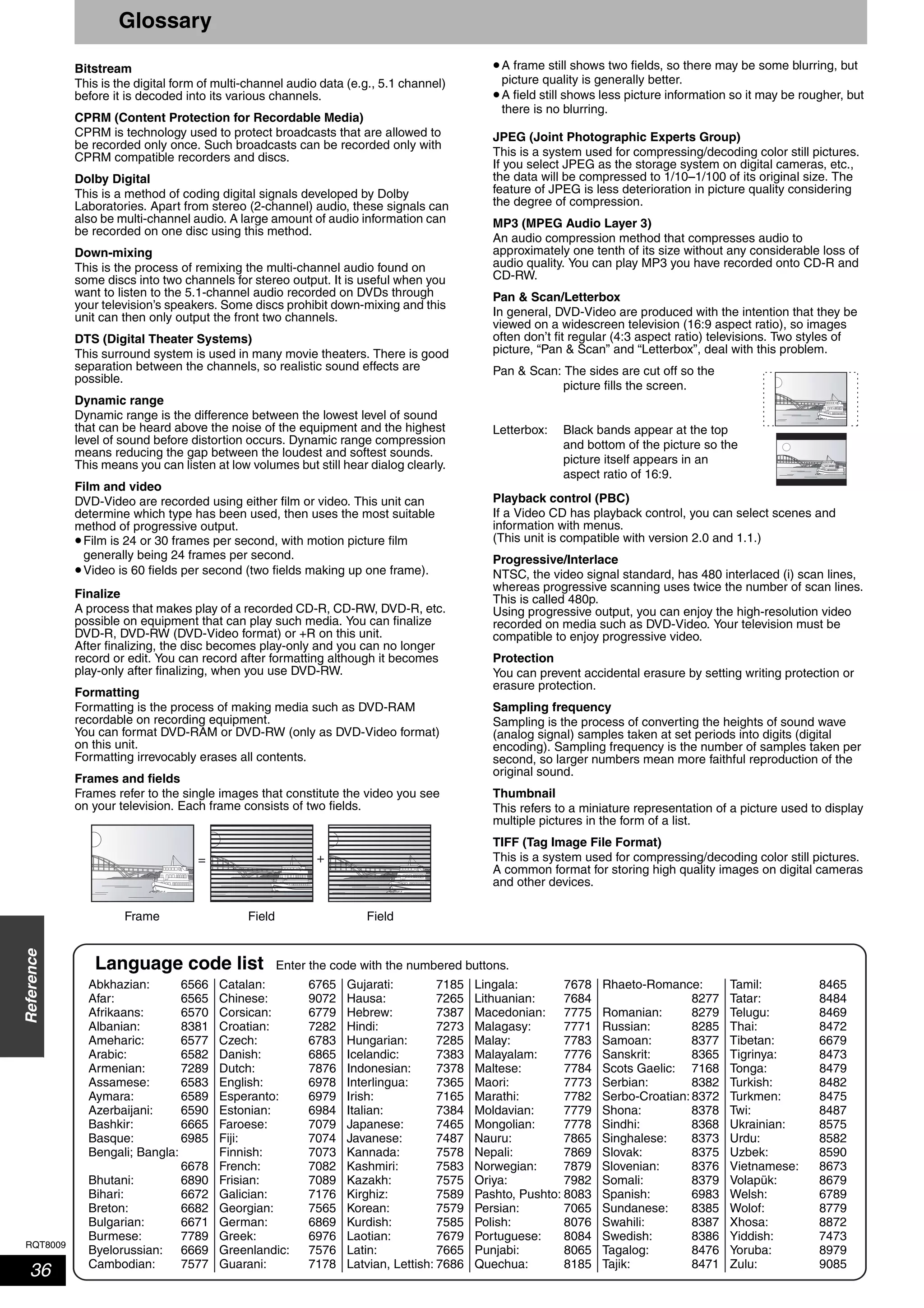 RQT8009
36
Reference
Glossary
Bitstream
This is the digital form of multi-channel audio data (e.g., 5.1 channel)
before it is decoded into its various channels.
CPRM (Content Protection for Recordable Media)
CPRM is technology used to protect broadcasts that are allowed to
be recorded only once. Such broadcasts can be recorded only with
CPRM compatible recorders and discs.
Dolby Digital
This is a method of coding digital signals developed by Dolby
Laboratories. Apart from stereo (2-channel) audio, these signals can
also be multi-channel audio. A large amount of audio information can
be recorded on one disc using this method.
Down-mixing
This is the process of remixing the multi-channel audio found on
some discs into two channels for stereo output. It is useful when you
want to listen to the 5.1-channel audio recorded on DVDs through
your television’s speakers. Some discs prohibit down-mixing and this
unit can then only output the front two channels.
DTS (Digital Theater Systems)
This surround system is used in many movie theaters. There is good
separation between the channels, so realistic sound effects are
possible.
Dynamic range
Dynamic range is the difference between the lowest level of sound
that can be heard above the noise of the equipment and the highest
level of sound before distortion occurs. Dynamic range compression
means reducing the gap between the loudest and softest sounds.
This means you can listen at low volumes but still hear dialog clearly.
Film and video
DVD-Video are recorded using either film or video. This unit can
determine which type has been used, then uses the most suitable
method of progressive output.
•Film is 24 or 30 frames per second, with motion picture film
generally being 24 frames per second.
•Video is 60 fields per second (two fields making up one frame).
Finalize
A process that makes play of a recorded CD-R, CD-RW, DVD-R, etc.
possible on equipment that can play such media. You can finalize
DVD-R, DVD-RW (DVD-Video format) or +R on this unit.
After finalizing, the disc becomes play-only and you can no longer
record or edit. You can record after formatting although it becomes
play-only after finalizing, when you use DVD-RW.
Formatting
Formatting is the process of making media such as DVD-RAM
recordable on recording equipment.
You can format DVD-RAM or DVD-RW (only as DVD-Video format)
on this unit.
Formatting irrevocably erases all contents.
Frames and fields
Frames refer to the single images that constitute the video you see
on your television. Each frame consists of two fields.
•A frame still shows two fields, so there may be some blurring, but
picture quality is generally better.
•A field still shows less picture information so it may be rougher, but
there is no blurring.
JPEG (Joint Photographic Experts Group)
This is a system used for compressing/decoding color still pictures.
If you select JPEG as the storage system on digital cameras, etc.,
the data will be compressed to 1/10–1/100 of its original size. The
feature of JPEG is less deterioration in picture quality considering
the degree of compression.
MP3 (MPEG Audio Layer 3)
An audio compression method that compresses audio to
approximately one tenth of its size without any considerable loss of
audio quality. You can play MP3 you have recorded onto CD-R and
CD-RW.
Pan & Scan/Letterbox
In general, DVD-Video are produced with the intention that they be
viewed on a widescreen television (16:9 aspect ratio), so images
often don’t fit regular (4:3 aspect ratio) televisions. Two styles of
picture, “Pan & Scan” and “Letterbox”, deal with this problem.
Pan & Scan: The sides are cut off so the
picture fills the screen.
Letterbox: Black bands appear at the top
and bottom of the picture so the
picture itself appears in an
aspect ratio of 16:9.
Playback control (PBC)
If a Video CD has playback control, you can select scenes and
information with menus.
(This unit is compatible with version 2.0 and 1.1.)
Progressive/Interlace
NTSC, the video signal standard, has 480 interlaced (i) scan lines,
whereas progressive scanning uses twice the number of scan lines.
This is called 480p.
Using progressive output, you can enjoy the high-resolution video
recorded on media such as DVD-Video. Your television must be
compatible to enjoy progressive video.
Protection
You can prevent accidental erasure by setting writing protection or
erasure protection.
Sampling frequency
Sampling is the process of converting the heights of sound wave
(analog signal) samples taken at set periods into digits (digital
encoding). Sampling frequency is the number of samples taken per
second, so larger numbers mean more faithful reproduction of the
original sound.
Thumbnail
This refers to a miniature representation of a picture used to display
multiple pictures in the form of a list.
TIFF (Tag Image File Format)
This is a system used for compressing/decoding color still pictures.
A common format for storing high quality images on digital cameras
and other devices.
= +
Frame Field Field
Language code list Enter the code with the numbered buttons.
Abkhazian: 6566 Catalan: 6765 Gujarati: 7185 Lingala: 7678 Rhaeto-Romance: Tamil: 8465
Afar: 6565 Chinese: 9072 Hausa: 7265 Lithuanian: 7684 8277 Tatar: 8484
Afrikaans: 6570 Corsican: 6779 Hebrew: 7387 Macedonian: 7775 Romanian: 8279 Telugu: 8469
Albanian: 8381 Croatian: 7282 Hindi: 7273 Malagasy: 7771 Russian: 8285 Thai: 8472
Ameharic: 6577 Czech: 6783 Hungarian: 7285 Malay: 7783 Samoan: 8377 Tibetan: 6679
Arabic: 6582 Danish: 6865 Icelandic: 7383 Malayalam: 7776 Sanskrit: 8365 Tigrinya: 8473
Armenian: 7289 Dutch: 7876 Indonesian: 7378 Maltese: 7784 Scots Gaelic: 7168 Tonga: 8479
Assamese: 6583 English: 6978 Interlingua: 7365 Maori: 7773 Serbian: 8382 Turkish: 8482
Aymara: 6589 Esperanto: 6979 Irish: 7165 Marathi: 7782 Serbo-Croatian:8372 Turkmen: 8475
Azerbaijani: 6590 Estonian: 6984 Italian: 7384 Moldavian: 7779 Shona: 8378 Twi: 8487
Bashkir: 6665 Faroese: 7079 Japanese: 7465 Mongolian: 7778 Sindhi: 8368 Ukrainian: 8575
Basque: 6985 Fiji: 7074 Javanese: 7487 Nauru: 7865 Singhalese: 8373 Urdu: 8582
Bengali; Bangla: Finnish: 7073 Kannada: 7578 Nepali: 7869 Slovak: 8375 Uzbek: 8590
6678 French: 7082 Kashmiri: 7583 Norwegian: 7879 Slovenian: 8376 Vietnamese: 8673
Bhutani: 6890 Frisian: 7089 Kazakh: 7575 Oriya: 7982 Somali: 8379 Volapük: 8679
Bihari: 6672 Galician: 7176 Kirghiz: 7589 Pashto, Pushto: 8083 Spanish: 6983 Welsh: 6789
Breton: 6682 Georgian: 7565 Korean: 7579 Persian: 7065 Sundanese: 8385 Wolof: 8779
Bulgarian: 6671 German: 6869 Kurdish: 7585 Polish: 8076 Swahili: 8387 Xhosa: 8872
Burmese: 7789 Greek: 6976 Laotian: 7679 Portuguese: 8084 Swedish: 8386 Yiddish: 7473
Byelorussian: 6669 Greenlandic: 7576 Latin: 7665 Punjabi: 8065 Tagalog: 8476 Yoruba: 8979
Cambodian: 7577 Guarani: 7178 Latvian, Lettish: 7686 Quechua: 8185 Tajik: 8471 Zulu: 9085
 