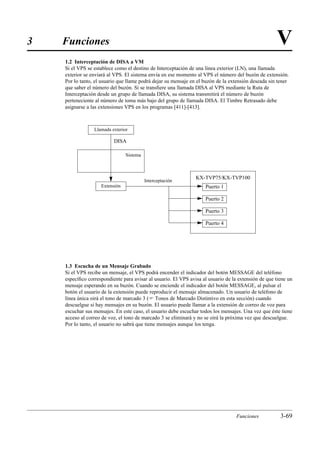3   Funciones                                                                                        V
    1.2 Interceptación de DISA a VM
    Si el VPS se establece como el destino de Interceptación de una línea exterior (LN), una llamada
    exterior se enviará al VPS. El sistema envía en ese momento al VPS el número del buzón de extensión.
    Por lo tanto, el usuario que llame podrá dejar su mensaje en el buzón de la extensión deseada sin tener
    que saber el número del buzón. Si se transﬁere una llamada DISA al VPS mediante la Ruta de
    Interceptación desde un grupo de llamada DISA, su sistema transmitirá el número de buzón
    perteneciente al número de toma más bajo del grupo de llamada DISA. El Timbre Retrasado debe
    asignarse a las extensiones VPS en los programas [411]-[413].



                 Llamada exterior

                          DISA

                                Sistema



                                                                KX-TVP75/KX-TVP100
                                          Interceptación
                    Extensión                                       Puerto 1

                                                                    Puerto 2

                                                                    Puerto 3

                                                                    Puerto 4




    1.3 Escucha de un Mensaje Grabado
    Si el VPS recibe un mensaje, el VPS podrá encender el indicador del botón MESSAGE del teléfono
    especíﬁco correspondiente para avisar al usuario. El VPS avisa al usuario de la extensión de que tiene un
    mensaje esperando en su buzón. Cuando se enciende el indicador del botón MESSAGE, al pulsar el
    botón el usuario de la extensión puede reproducir el mensaje almacenado. Un usuario de teléfono de
    línea única oirá el tono de marcado 3 ( Tonos de Marcado Distintivo en esta sección) cuando
    descuelgue si hay mensajes en su buzón. El usuario puede llamar a la extensión de correo de voz para
    escuchar sus mensajes. En este caso, el usuario debe escuchar todos los mensajes. Una vez que éste tiene
    acceso al correo de voz, el tono de marcado 3 se eliminará y no se oirá la próxima vez que descuelgue.
    Por lo tanto, el usuario no sabrá que tiene mensajes aunque los tenga.




                                                                                   Funciones           3-69
 