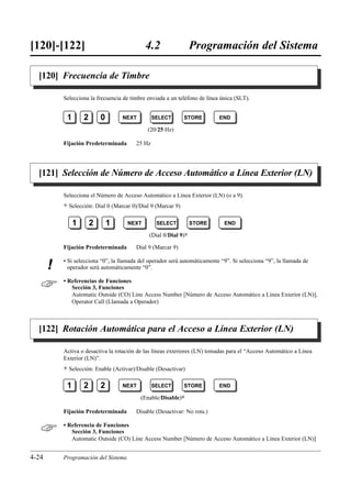 [120]-[122]                                   4.2                  Programación del Sistema

  [120] Frecuencia de Timbre

           Selecciona la frecuencia de timbre enviada a un teléfono de línea única (SLT).


            1        2       0       NEXT         SELECT        STORE       END

                                               (20/25 Hz)

           Fijación Predeterminada        25 Hz




  [121] Selección de Número de Acceso Automático a Línea Exterior (LN)

           Selecciona el Número de Acceso Automático a Línea Exterior (LN) (o a 9).
           )   Selección: Dial 0 (Marcar 0)/Dial 9 (Marcar 9)

                1        2       1     NEXT        SELECT          STORE      END

                                                (Dial 0/Dial 9)0

           Fijación Predeterminada        Dial 9 (Marcar 9)

           • Si selecciona “0”, la llamada del operador será automáticamente “9”. Si selecciona “9”, la llamada de
       !     operador será automáticamente “0”.


          • Referencias de Funciones
              Sección 3, Funciones
              Automatic Outside (CO) Line Access Number [Número de Acceso Automático a Línea Exterior (LN)],
              Operator Call (Llamada a Operador)



  [122] Rotación Automática para el Acceso a Línea Exterior (LN)

           Activa o desactiva la rotación de las líneas exteriores (LN) tomadas para el “Acceso Automático a Línea
           Exterior (LN)”.
           )   Selección: Enable (Activar)/Disable (Desactivar)

            1        2       2       NEXT         SELECT        STORE       END

                                            (Enable/Disable)0

           Fijación Predeterminada        Disable (Desactivar: No rota.)


          • Referencia de Funciones
              Sección 3, Funciones
              Automatic Outside (CO) Line Access Number [Número de Acceso Automático a Línea Exterior (LN)]


4-24       Programación del Sistema
 