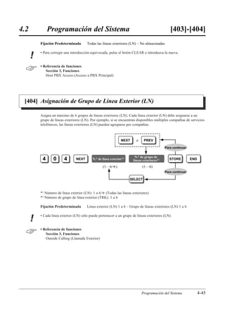 4.2            Programación del Sistema                                                         [403]-[404]
          Fijación Predeterminada       Todas las líneas exteriores (LN) – No almacenadas

          • Para corregir una introducción equivocada, pulse el botón CLEAR e introduzca la nueva.
      !
         • Referencia de funciones
             Sección 3, Funciones
             Host PBX Access (Acceso a PBX Principal)




 [404] Asignación de Grupo de Línea Exterior (LN)

          Asigna un máximo de 6 grupos de líneas exteriores (LN). Cada línea exterior (LN) debe asignarse a un
          grupo de líneas exteriores (LN). Por ejemplo, si se encuentran disponibles múltiples compañías de servicios
          telefónicos, las líneas exteriores (LN) pueden agruparse por compañías.



                                                                NEXT     o     PREV

                                                                                             Para continuar


                                                                        N.° de grupo de
           4      0      4       NEXT       N.° de línea exterior*1    líneas exteriores*2     STORE          END

                                                   (1…6/£)                   (1…6)
                                                                                             Para continuar

                                                                      SELECT



          *1 Número de línea exterior (LN): 1 a 6/£ (Todas las líneas exteriores)
          *2 Número de grupo de línea exterior (TRK): 1 a 6

          Fijación Predeterminada       Línea exterior (LN) 1 a 6 – Grupo de líneas exteriores (LN) 1 a 6

          • Cada línea exterior (LN) sólo puede pertenecer a un grupo de líneas exteriores (LN).
      !
         • Referencia de funciones
             Sección 3, Funciones
             Outside Calling (Llamada Exterior)




                                                                             Programación del Sistema               4-45
 