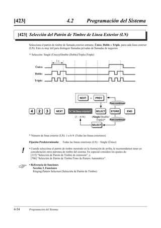 [423]                                         4.2                Programación del Sistema

  [423] Selección del Patrón de Timbre de Línea Exterior (LN)

           Selecciona el patrón de timbre de llamada exterior entrante, Único, Doble o Triple, para cada línea exterior
           (LN). Esto es muy útil para distinguir llamadas privadas de llamadas de negocios.

           )   Selección: Single (Único)/Double (Doble)/Triple (Triple)

                                    1s

                  Único:

                  Doble:

                 Triple:




                                                          NEXT       o      PREV

                                                                                         Para continuar


            4        2     3         NEXT       N.° de línea exterior*      SELECT        STORE           END

                                                     (1…6/£)             (Single/Double/
                                                                             Triple)0    Para continuar

                                                                         SELECT



           * Número de línea exterior (LN): 1 a 6/£ (Todas las líneas exteriores)

           Fijación Predeterminada:       Todas las líneas exteriores (LN) – Single (Único)

           • Cuando seleccione el patrón de timbre mostrado en la ilustración de arriba, le recomendamos tener en
       !     consideración otros patrones de timbre del sistema. En especial considere los ajustes de:
             [115] “Selección de Patrón de Timbre de extensión”, y
             [706] “Selección de Patrón de Timbre/Tono de Portero Automático”.


          • Referencia de funciones
              Sección 3, Funciones
              Ringing Pattern Selection (Selección de Patrón de Timbre)




4-54       Programación del Sistema
 