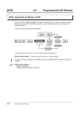 [615]                                         4.2                Programación del Sistema

  [615] Asignación de Idioma a LCD

           Selecciona el idioma, Inglés o Español, mostrado en la pantalla LCD de un teléfono especíﬁco tomando
           como base una extensión. El idioma seleccionado se muestra durante la operación y las Fijaciones de
           Teléfono Especíﬁco.

           )   Selección: English (Inglés)/Spanish (Español)



                                                          NEXT     o    PREV

                                                                                    Para continuar


                                                   N.° de toma
            6        1      5        NEXT          de extensión*       SELECT         STORE          END

                                                    (01…16/£)          (English/
                                                                       Spanish)0    Para continuar

                                                                    SELECT


           * Número de toma de extensión: 01 a 16/£ (Todas las tomas de extensiones)

           Fijación Predeterminada        Todas las tomas de extensiones – English (Inglés)

           • El idioma utilizado en la impresión del SMDR se asigna en el programa [806] “Asignación de Idioma
       !     SMDR”.


          • Referencia de funciones
              Sección 3, Funciones
              Language Selection (Selección de Idioma)




4-78       Programación del Sistema
 