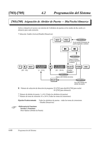 [703]-[705]                               4.2                 Programación del Sistema

  [703]-[705] Asignación de Abridor de Puerta — Día/Noche/Almuerzo

       Activa o desactiva el acceso a un máximo de 4 abridores de puertas en los modos de día, noche y/o
       almuerzo para cada extensión.

       )   Selección: Enable (Activar)/Disable (Desactivar)


                                                               NEXT     o      PREV               Para continuar
                                                                                            Va al número de abridor de
                                                                                            puerta siguiente o anterior



                                                                            ©         o     ©


                                                                                       Para continuar
                                                                                      Vaya al número
                                                                                      de toma siguiente
                                                                                      o anterior

                                   N.° de abridor              N.° de toma
        7       X       NEXT        de puerta*1       #       de extensión*2     SELECT         STORE          END

             (03…05)                 (1…4/£)                   (01…24/£)         (Enable/
                                                                                 Disable)0
                                                                   Para continuar
                                                               Vaya a otro número de toma

                                                        SELECT                                  Para continuar
                                                                                              Va a otro número de
                                                                                              abridor de puerta


       X – Número de selección de dirección de programa: 03 ([703] para día)/04 ([704] para noche/
                                                         05 ([705] para almuerzo)

       *1 Número de abridor de puerta: 1 a 4/£ (Todos los abridores de puertas)
       *2 Número de toma de extensión: 01 a 24/£ (Todas las tomas de extensiones)

       Fijación Predeterminada        Todos los abridores de puertas – todas las tomas de extensiones
                                      – Disable (Desactivar)


      • Referencia de Funciones
          Sección 3, Funciones
          Door Opener (Abridor de Puerta)




4-80   Programación del Sistema
 