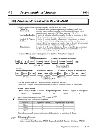 4.2              Programación del Sistema                                                                        [800]

 [800] Parámetros de Comunicación RS-232C SMDR

            Asigna los parámetros de comunicación para la Interfaz Serial (RS-232C).
               Código NL:              Selecciona el código para su impresora o computadora personal. Si su
               (Línea nueva)           impresora o computadora personal avanza líneas automáticamente con un
                                       retorno del carro, seleccione “CR”. Si no, seleccione “CR+LF”.
               Velocidad en Baudios: El código de velocidad en baudios indica la velocidad de transmisión de datos
                                       desde el sistema a la impresora o computadora personal.
               Longitud de Palabra: El código de longitud de palabra indica cuántos bits componen un carácter.
               Paridad:                El código de paridad indica qué tipo de paridad se utiliza para detectar un error
                                       en la serie de bits que componen un carácter. Haga su elección dependiendo de
                                       los requerimientos de su impresora o computadora personal.
               Bit de Parada:          El código de bit de parada indica el ﬁnal de una serie de bits que compone un
                                       carácter. Seleccione un valor dependiendo de los requerimientos de su
                                       impresora o computadora personal.
            )   Selección: Mark (Marca)/Space (Espacio)/Even (Par)/Odd (Impar)/None (Ninguno)

                                   Establece
                                    el código de línea nueva      Establece la velocidad en baudios

           8      0      0          NEXT     SELECT       STORE
                                                          1
                                                                      NEXT         SELECT        STORE
                                                                                                           «
                                           (CR+LF/CR)*                     (150/300/600/1200
                                                                           /2400/4800/9600 B)
          Establece
           la longitud de palabra            Establece la paridad           Establece la longitud de bit de parada
           NEXT       SELECT        STORE      NEXT       SELECT     STORE         NEXT         SELECT   STORE   END

                      (7/8 bits)                    (Mark/Space/               (1 bit/2 bits)
                                                     Even/Odd/None*2)0

            *1 CR+LF (Retorno del Carro + Avance de Línea)/CR (Retorno del Carro)
            *2 Seleccione “Ninguno” cuando la función de veriﬁcación de error no se requiera de la impresora.

            Fijación Predeterminada
              Línea nueva Velocidad en baudios                Longitud de palabra       Paridad Longitud de bit de parada
                 CR+LF          9600 baudios                         8 bits              Marca            1 bit

            • Para volver al modo anterior, pulse PREV en lugar de             .
      !
                                                                        NEXT

            • Las combinaciones siguientes no son válidas.

                      Paridad               Longitud de palabra         Longitud de bit de parada
                       Marca                          8                                  2
                      Espacio                         8                                  1
                      Espacio                         8                                  2
               Si se selecciona una de las combinaciones no válidas de arriba se oye un tono de alarma.


           • Referencia de Funciones
               Sección 3, Funciones
               Station Message Detail Recording (SMDR) [Registro Detallado de Mensajes de Estación (SMDR)]


                                                                                     Programación del Sistema          4-83
 