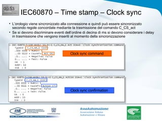 IEC60870 – Time stamp – Clock sync L’orologio viene sincronizzato alla connessione e quindi può essere sincronizzato secondo regole concordate mediante la trasmissione del comando C_CS_act Se si devono discriminare eventi dell’ordine di decina di ms si devono considerare i delay in trasmissione che vengono inseriti al momento della sincronizzazione Clock sync command Clock sync confirmation 