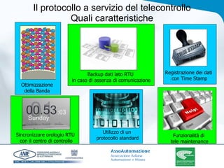 Il protocollo a servizio del telecontrollo Quali caratteristiche Ottimizzazione della Banda Backup dati lato RTU  in caso di assenza di comunicazione Registrazione dei dati  con Time Stamp Sincronizzare orologio RTU  con il centro di controllo Funzionalità di  tele maintenance Utilizzo di un  protocollo standard 