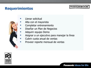 Requerimientos

          Llenar solicitud
          Alta con el mayorista
          Completar entrenamiento
          Diseñar un Plan de Negocios
          Adquirir equipo Demo
          Asignar a un ejecutivo para manejar la línea
          Cubrir cuota anual de ventas
          Proveer reporte mensual de ventas
 