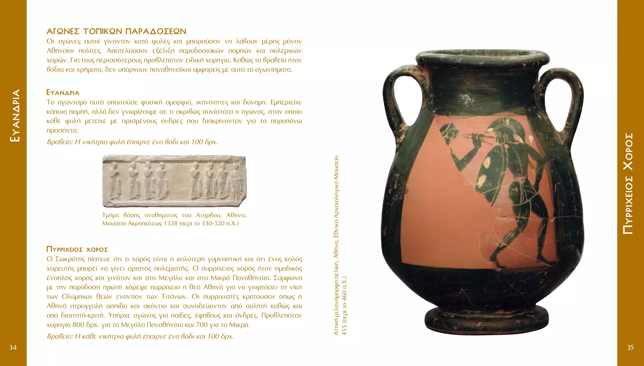 AÙÙÈÎ‹ÌÂÏ·ÓﬁÌÔÚÊËÂÏ›ÎË,Aı‹Ó·,EıÓÈÎﬁAÚ¯·ÈÔÏÔÁÈÎﬁMÔ˘ÛÂ›Ô
455(ÂÚ›ÙÔ460.X.)
¶¶˘˘ÚÚÚÚÈÈ¯¯ÂÂÈÈÔÔÛÛXXÔÔÚÚÔÔÛÛ
3534
AA°°øøNNEE™™ TTOO¶¶IIKKøøNN ¶¶AAPPAA¢¢OO™™EEøøNN
OÈ ·ÁÒÓÂ˜ ·˘ÙÔ› Á›ÓÔÓÙ·Ó Î·Ù¿ Ê˘Ï¤˜ Î·È ÌÔÚÔ‡Û·Ó Ó· Ï¿‚Ô˘Ó Ì¤ÚÔ˜ ÌﬁÓÔÓ
AıËÓ·›ÔÈ ÔÏ›ÙÂ˜. AÔÙÂÏÔ‡Û·Ó ÂÍ¤ÏÈÍË ·Ú·‰ÔÛÈ·ÎÒÓ ÔÌÒÓ Î·È ÔÏÂÌÈÎÒÓ
¯ÔÚÒÓ. °È· ÙÔ˘˜ ÂÚÈÛÛﬁÙÂÚÔ˘˜ ÚÔ‚ÏÂﬁÙ·Ó ÂÈ‰ÈÎ‹ ¯ÔÚËÁ›·. K·ıÒ˜ Ù· ‚Ú·‚Â›· ‹Ù·Ó
‚ﬁ‰È· Î·È ¯Ú‹Ì·Ù·, ‰ÂÓ ˘¿Ú¯Ô˘Ó ·Ó·ıËÓ·˚ÎÔ› ·ÌÊÔÚÂ›˜ ÌÂ ·˘Ù¿ Ù· ·ÁˆÓ›ÛÌ·Ù·.
EE˘˘··ÓÓ‰‰ÚÚÈÈ··
TÔ ·ÁÒÓÈÛÌ· ·˘Ùﬁ ··ÈÙÔ‡ÛÂ Ê˘ÛÈÎ‹ ÔÌÔÚÊÈ¿, ÈÎ·ÓﬁÙËÙÂ˜ Î·È ‰‡Ó·ÌË. EÌÂÚÈÂ›¯Â
Î¿ÔÈ· ÔÌ‹, ·ÏÏ¿ ‰ÂÓ ÁÓˆÚ›˙Ô˘ÌÂ ÛÂ ÙÈ ·ÎÚÈ‚Ò˜ Û˘Ó›ÛÙ·ÙÔ Ô ·ÁÒÓ·˜, ÛÙÔÓ ÔÔ›Ô
Î¿ıÂ Ê˘Ï‹ ÌÂÙÂ›¯Â ÌÂ ÔÚÈÛÌ¤ÓÔ˘˜ ¿Ó‰ÚÂ˜ Ô˘ ‰È·ÎÚ›ÓÔÓÙ·Ó ÁÈ· Ù· ·Ú·¿Óˆ
ÚÔÛﬁÓÙ·.
BÚ·‚Â›·: H ÓÈÎ‹ÙÚÈ· Ê˘Ï‹ ¤·ÈÚÓÂ ¤Ó· ‚ﬁ‰È Î·È 100 ‰Ú¯.
¶¶˘˘ÚÚÚÚÈÈ¯¯ÂÂÈÈÔÔÛÛ ¯¯ÔÔÚÚÔÔÛÛ
O ™ˆÎÚ¿ÙË˜ ›ÛÙÂ˘Â ﬁÙÈ Ô ¯ÔÚﬁ˜ Â›Ó·È Ë Î·Ï‡ÙÂÚË Á˘ÌÓ·ÛÙÈÎ‹ Î·È ﬁÙÈ ¤Ó·˜ Î·Ïﬁ˜
¯ÔÚÂ˘Ù‹˜ ÌÔÚÂ› Ó· Á›ÓÂÈ ¿ÚÈÛÙÔ˜ ÔÏÂÌÈÛÙ‹˜. O ˘ÚÚ›¯ÂÈÔ˜ ¯ÔÚﬁ˜ ‹Ù·Ó ÔÌ·‰ÈÎﬁ˜
¤ÓÔÏÔ˜ ¯ÔÚﬁ˜ Î·È ÁÈÓﬁÙ·Ó Î·È ÛÙ· MÂÁ¿Ï· Î·È ÛÙ· MÈÎÚ¿ ¶·Ó·ı‹Ó·È·. ™‡ÌÊˆÓ·
ÌÂ ÙËÓ ·Ú¿‰ÔÛË ÚÒÙË ¯ﬁÚÂ„Â ˘ÚÚ›¯ÂÈÔ Ë ıÂ¿ AıËÓ¿ ÁÈ· Ó· ÁÈÔÚÙ¿ÛÂÈ ÙË Ó›ÎË
ÙˆÓ OÏ‡ÌÈˆÓ ıÂÒÓ ÂÓ·ÓÙ›ÔÓ ÙˆÓ TÈÙ¿ÓˆÓ. OÈ ˘ÚÚÈ¯ÈÛÙ¤˜ ÎÚ·ÙÔ‡Û·Ó ﬁˆ˜ Ë
AıËÓ¿ ÛÙÚÔÁÁ˘Ï‹ ·Û›‰· Î·È ·ÎﬁÓÙÈÔ Î·È Û˘ÓÔ‰Â‡ÔÓÙ·Ó ·ﬁ ·˘ÏËÙ‹ Î·ıÒ˜ Î·È
·ﬁ ‰È·ÈÙËÙ‹-ÎÚÈÙ‹. Y‹Ú¯Â ·ÁÒÓ·˜ ÁÈ· ·›‰Â˜, ¤ÊË‚Ô˘˜ Î·È ¿Ó‰ÚÂ˜. ¶ÚÔ‚ÏÂﬁÙ·Ó
¯ÔÚËÁ›· 800 ‰Ú¯. ÁÈ· Ù· MÂÁ¿Ï· ¶·Ó·ı‹Ó·È· Î·È 700 ÁÈ· Ù· MÈÎÚ¿.
BÚ·‚Â›·: H Î¿ıÂ ÓÈÎ‹ÙÚÈ· Ê˘Ï‹ ¤·ÈÚÓÂ ¤Ó· ‚ﬁ‰È Î·È 100 ‰Ú¯.
EE˘˘··ÓÓ‰‰ÚÚÈÈ··
TÌ‹Ì· ‚¿ÛË˜ ·Ó·ı‹Ì·ÙÔ˜ ÙÔ˘ AÙ¿Ú‚Ô˘, Aı‹Ó·,
MÔ˘ÛÂ›Ô AÎÚÔﬁÏÂˆ˜ 1338 (ÂÚ› ÙÔ 330-320 .X.)
 