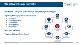 Κωνσταντίνος Παναγιώτου
Παραδείγματα Σύγχρονων ΚΦΣ
10
Ρομποτικά Συστήματα με δυνατότητα απομακρυσμένου ελέγχου
Έξυπνες Υποδομές (Smart Infrastructure)
● Smart Grid
● Smart Agriculture
● Smart Home
● Smart Industry
● Smart Cities
Αυτόνομα οχήματα
Ψηφιακά Δίδυμα (Digital Twins)
 