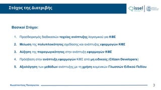 Κωνσταντίνος Παναγιώτου
Στόχος της Διατριβής
3
Βασικοί Στόχοι:
1. Προσδιορισμός διαδικασιών ταχείας ανάπτυξης λογισμικού για ΚΦΣ
2. Μείωση της πολυπλοκότητας σχεδίασης και ανάπτυξης εφαρμογών ΚΦΣ
3. Αύξηση της παραγωγικότητας στην ανάπτυξη εφαρμογών ΚΦΣ
4. Πρόσβαση στην ανάπτυξη εφαρμογών ΚΦΣ από μη ειδικούς (Citizen Developers)
5. Αξιολόγηση των μεθόδων ανάπτυξης με τη χρήση κειμενικών Γλωσσών Ειδικού Πεδίου
 
