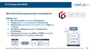 Κωνσταντίνος Παναγιώτου
Η Γλώσσα GeneROS
39
Μοντελοποίηση ρομποτικών συστημάτων
Αφορά την:
● Μοντελοποίηση τοπολογίας Συστήματος
● Γεφύρωση με το μεσολογισμικό επικοινωνίας
● Επικοινωνία ρομποτικών συστημάτων με το Edge και
το Cloud
● Αυτόματη παραγωγή αρχείων τεκμηρίωσης
συστήματος
● Παραγωγή λογισμικού για ROS και ROS2 συστήματα
● Ενσωμάτωση με πλατφόρμες low-code
 