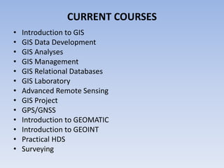 CURRENT COURSES
•
•
•
•
•
•
•
•
•
•
•
•
•

Introduction to GIS
GIS Data Development
GIS Analyses
GIS Management
GIS Relational Databases
GIS Laboratory
Advanced Remote Sensing
GIS Project
GPS/GNSS
Introduction to GEOMATIC
Introduction to GEOINT
Practical HDS
Surveying

 