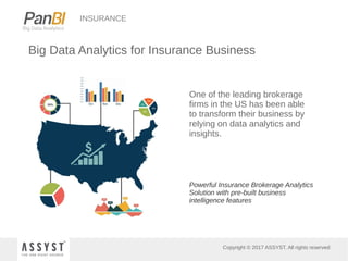 Copyright © 2017 ASSYST. All rights reserved
INSURANCE
Big Data Analytics for Insurance Business
One of the leading brokerage
firms in the US has been able
to transform their business by
relying on data analytics and
insights.
Powerful Insurance Brokerage Analytics
Solution with pre-built business
intelligence features
 