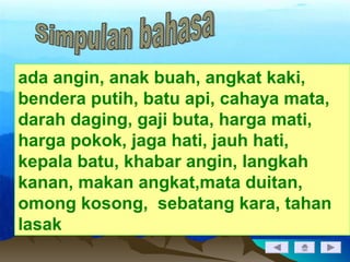 ada angin, anak buah, angkat kaki,
bendera putih, batu api, cahaya mata,
darah daging, gaji buta, harga mati,
harga pokok, jaga hati, jauh hati,
kepala batu, khabar angin, langkah
kanan, makan angkat,mata duitan,
omong kosong, sebatang kara, tahan
lasak
 