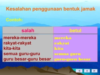 Kesalahan penggunaan bentuk jamak
Contoh:
salah betul
mereka-mereka
rakyat-rakyat
kita-kita
semua guru-guru
guru besar-guru besar
mereka
rakyat
kita
semua guru
guru-guru besar
 