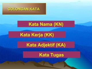 Kata Nama (KN)
GOLONGAN KATAGOLONGAN KATA
Kata Kerja (KK)
Kata Adjektif (KA)
Kata Tugas
 