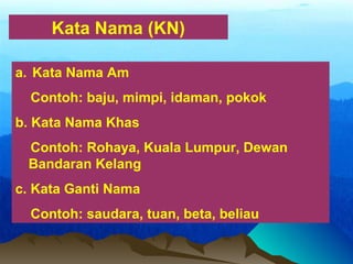 Kata Nama (KN)
a. Kata Nama Am
Contoh: baju, mimpi, idaman, pokok
b. Kata Nama Khas
Contoh: Rohaya, Kuala Lumpur, Dewan
Bandaran Kelang
c. Kata Ganti Nama
Contoh: saudara, tuan, beta, beliau
 