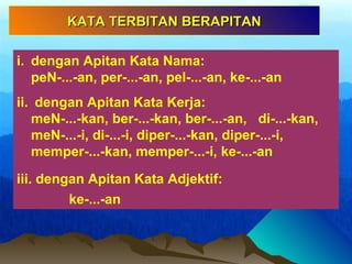 i. dengan Apitan Kata Nama:
peN-...-an, per-...-an, pel-...-an, ke-...-an
ii. dengan Apitan Kata Kerja:
meN-...-kan, ber-...-kan, ber-...-an, di-...-kan,
meN-...-i, di-...-i, diper-...-kan, diper-...-i,
memper-...-kan, memper-...-i, ke-...-an
iii. dengan Apitan Kata Adjektif:
ke-...-an
KATA TERBITAN BERAPITANKATA TERBITAN BERAPITAN
 