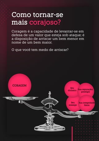 Como tornar-se
mais corajoso?
Coragem é a capacidade de levantar-se em
defesa de um valor que esteja sob ataque; é
a disposição de arriscar um bem menor em
nome de um bem maior.
O que você tem medo de arriscar?
 