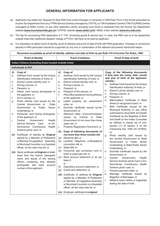 GENERAL INFORMATION FOR APPLICANTS
(www.incometaxindia.gov.in) (www.utiitsl.com) (www.tin-nsdl.com).
`
outside India then additional dispatch charge of `
Document acceptable as proof of identity, address and date of birth as per Rule 114 of Income Tax Rules, 1962
Proof of Identity Proof of Address Proof of date of birth
Indian Citizens (including those located outside India)
Individuals & HUF
(i) Copy of
(ii) in Original
(iii) Bank certificate in Original on letter
name and stamp of the issuing
photograph and bank account
number of the applicant
(i) Copy of
i. Allotment letter of accommodation
(ii) Copy of following documents of
not more than three months old
or
(iii) in Original
(iv) in original.
Copy of the following documents
if they bear the name, date, month
and year of birth of the applicant,
namely:-
or
Undertaking or State Public Sector
stating the date of birth.
 