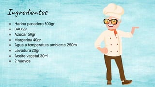 Ingredientes
● Harina panadera 500gr
● Sal 8gr
● Azúcar 50gr
● Margarina 40gr
● Agua a temperatura ambiente 250ml
● Levadura 20gr
● Aceite vegetal 30ml
● 2 huevos
 